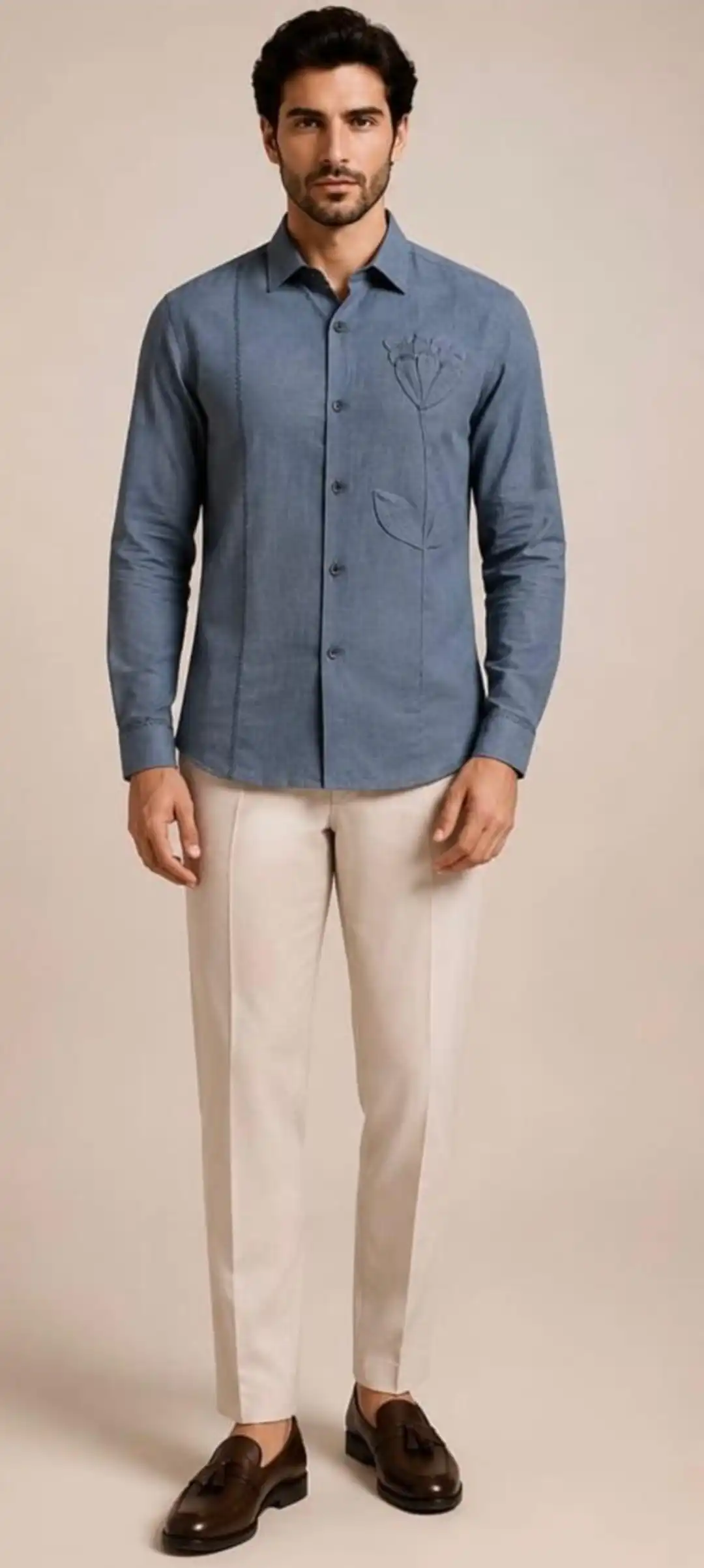 Applique flower linen shirt Embroidery detail - Image 3