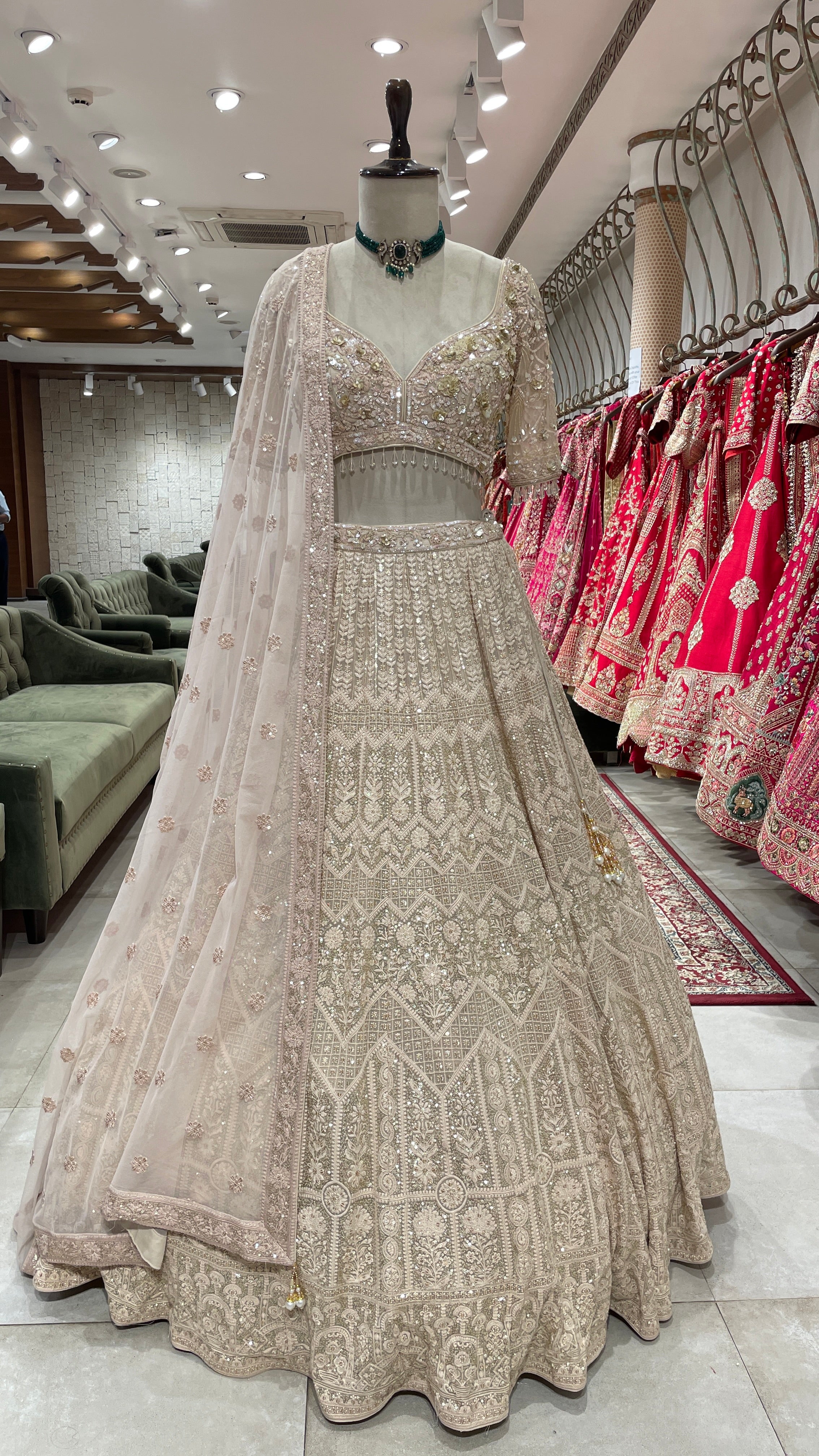 Beige Lehenga with White & Gold Thread and Sequins Work
