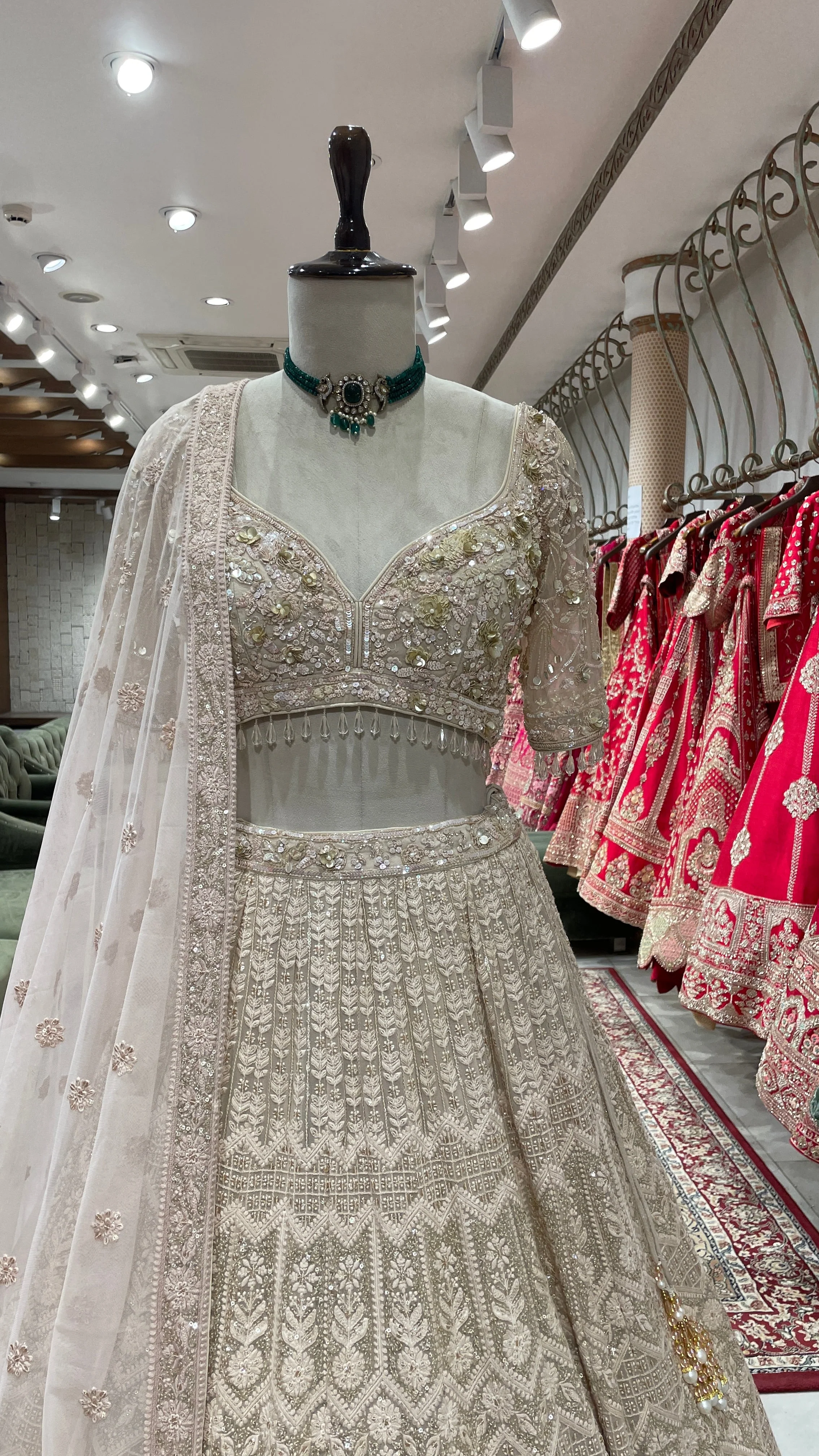 Beige Lehenga with White & Gold Thread and Sequins Work - Image 2