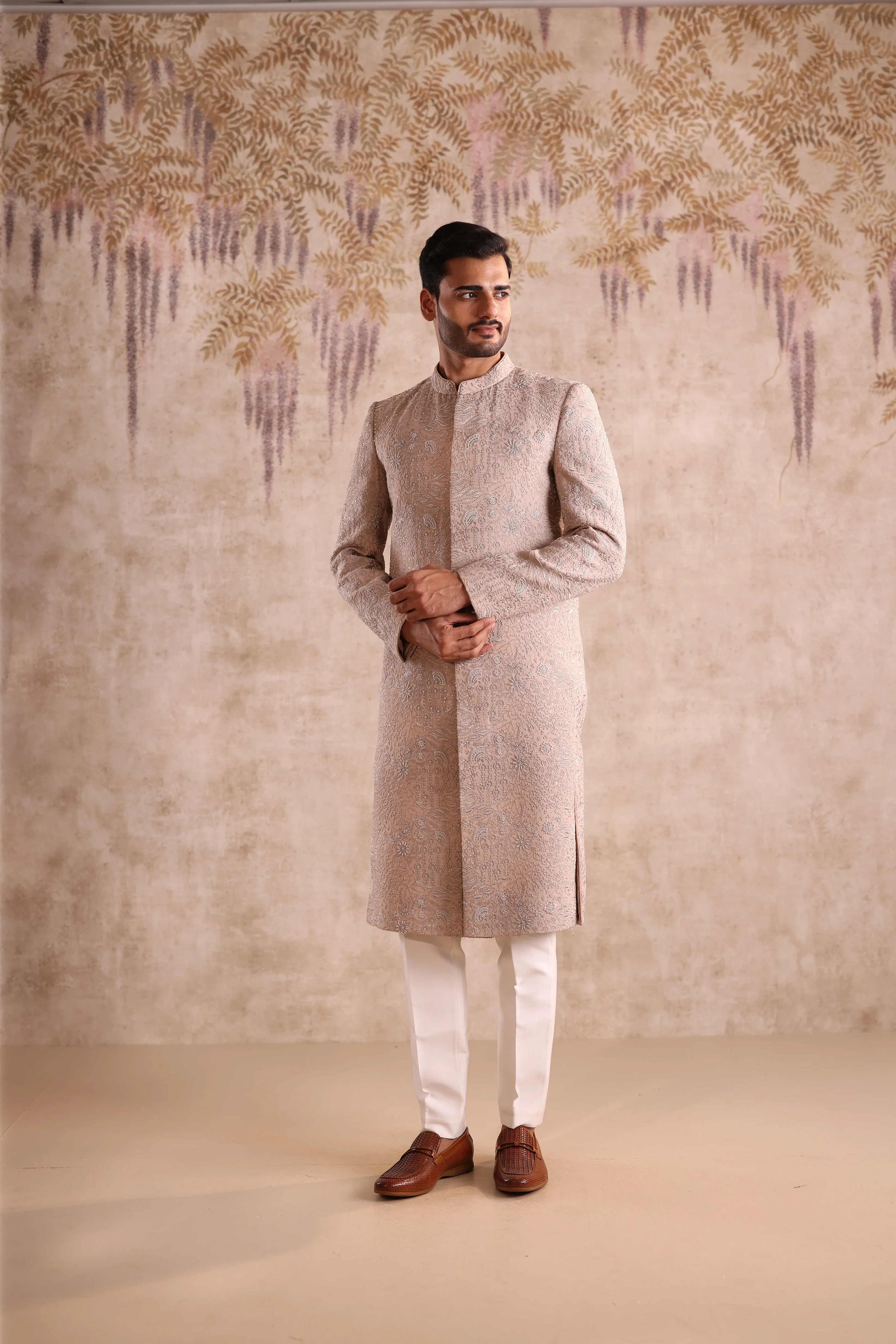 Beige Sherwani highlight with beads embroidery