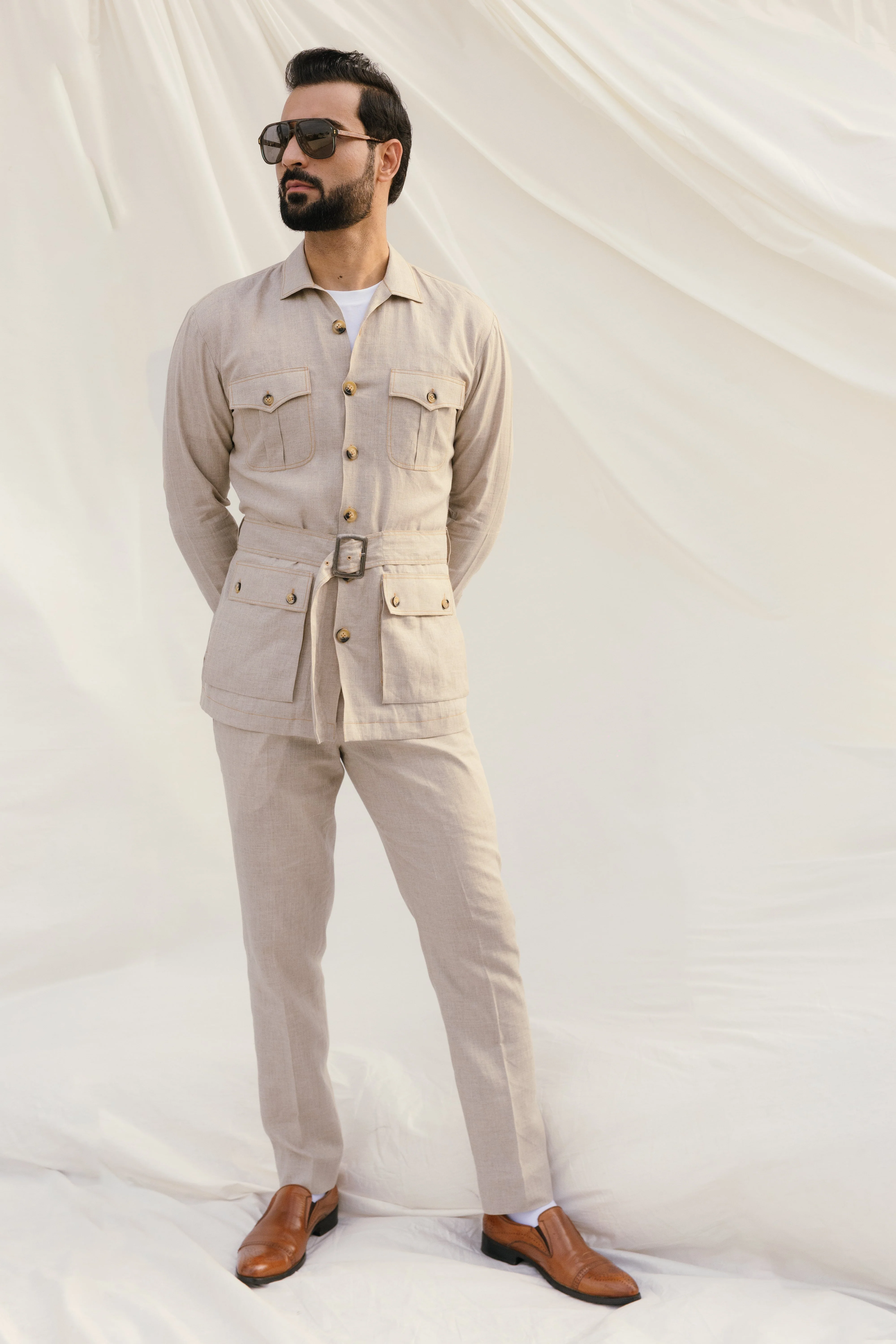 Beige Linen Cordset Safari Shirt with Patch Pockets & Waist Belt (with Pant)