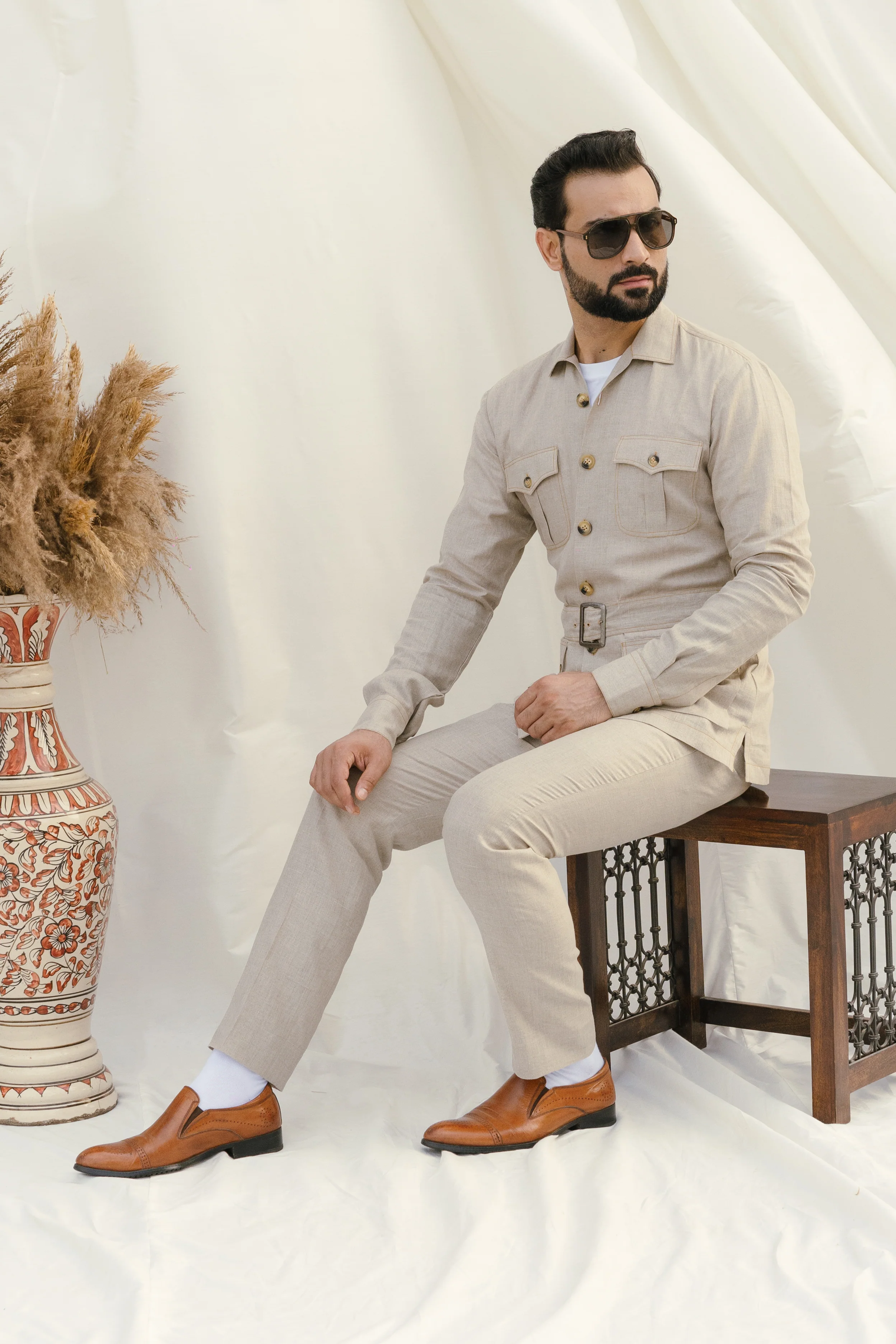 Beige Linen Cordset Safari Shirt with Patch Pockets & Waist Belt (with Pant) - Image 2