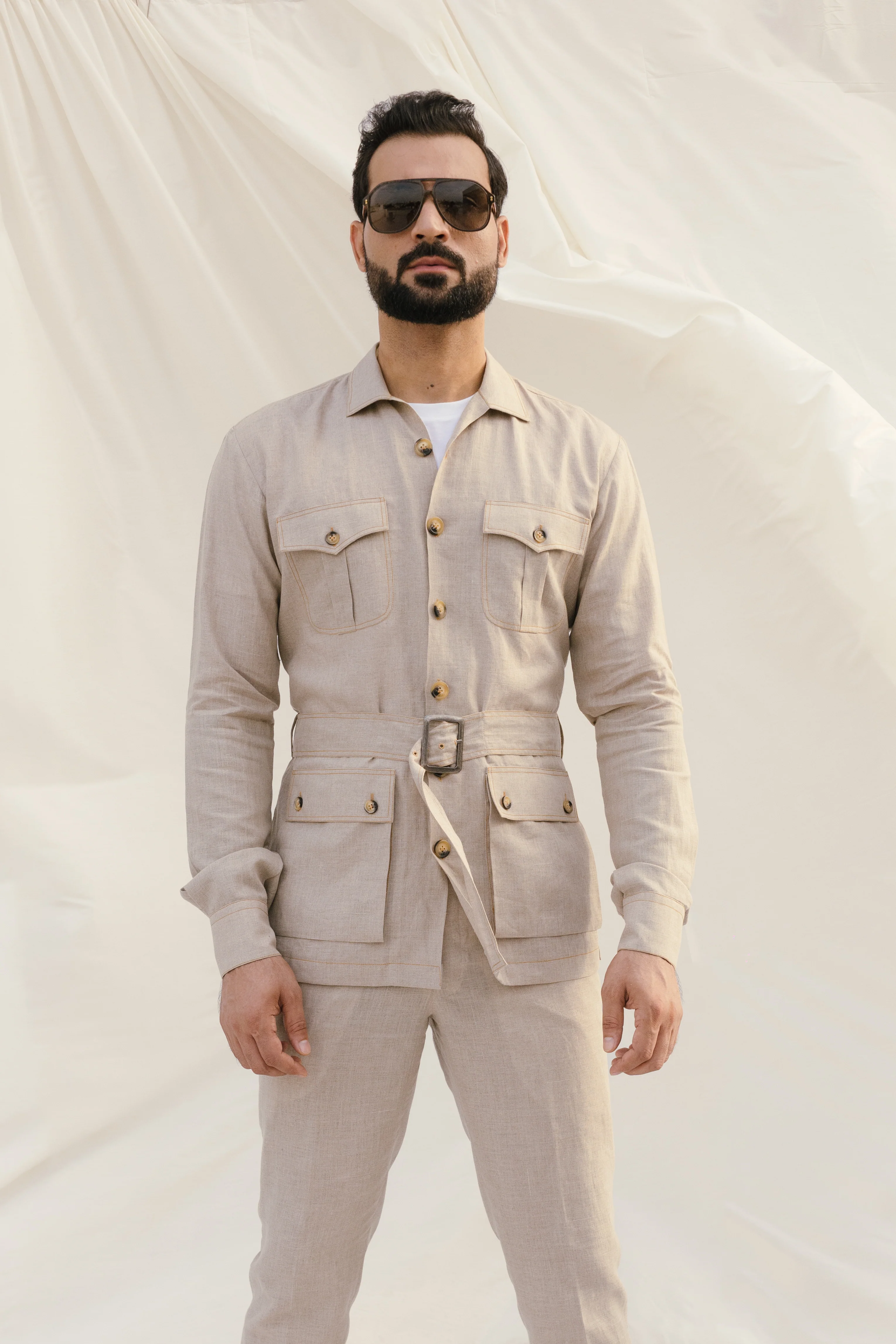 Beige Linen Cordset Safari Shirt with Patch Pockets & Waist Belt (with Pant) - Image 3