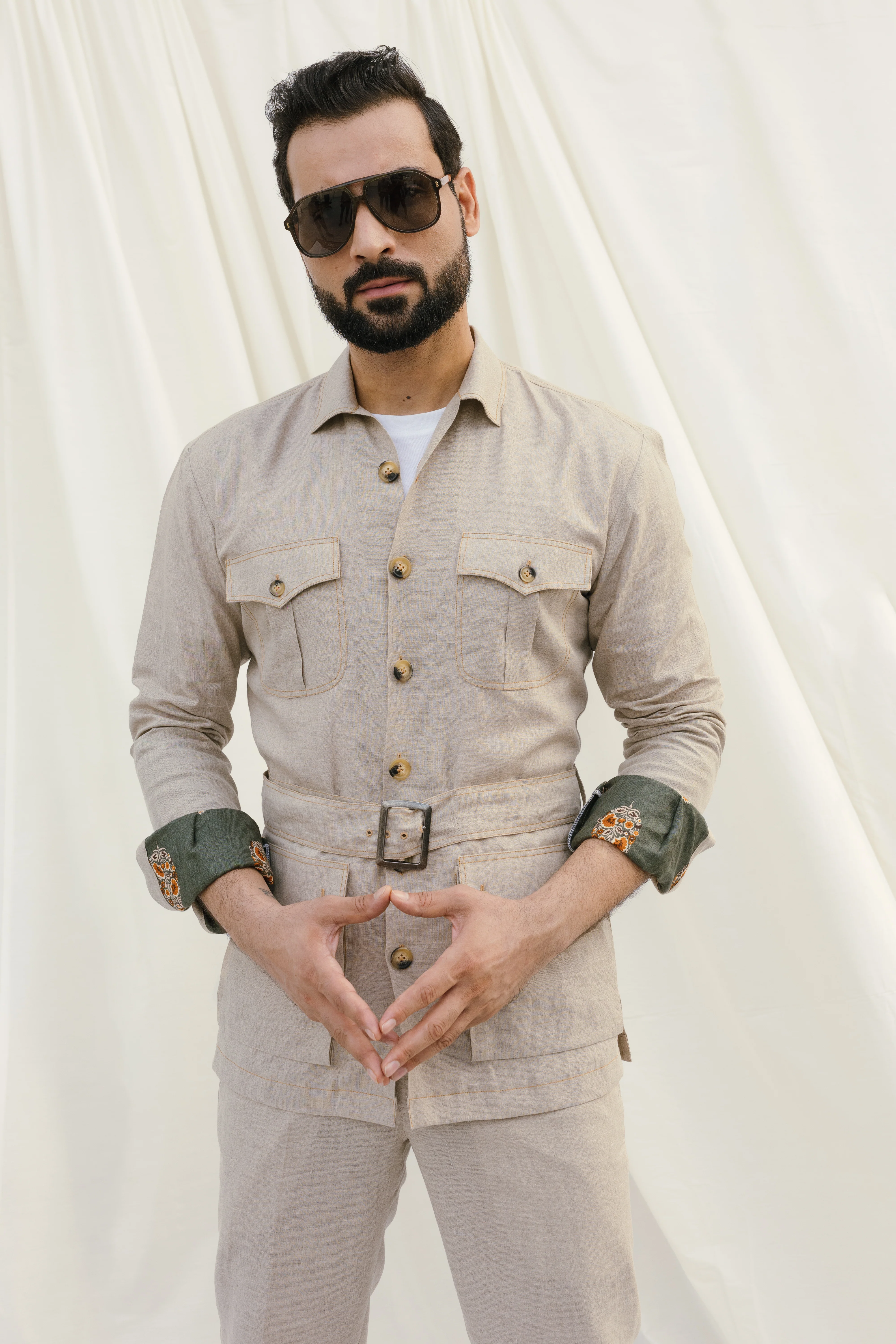 Beige Linen Cordset Safari Shirt with Patch Pockets & Waist Belt (with Pant) - Image 4