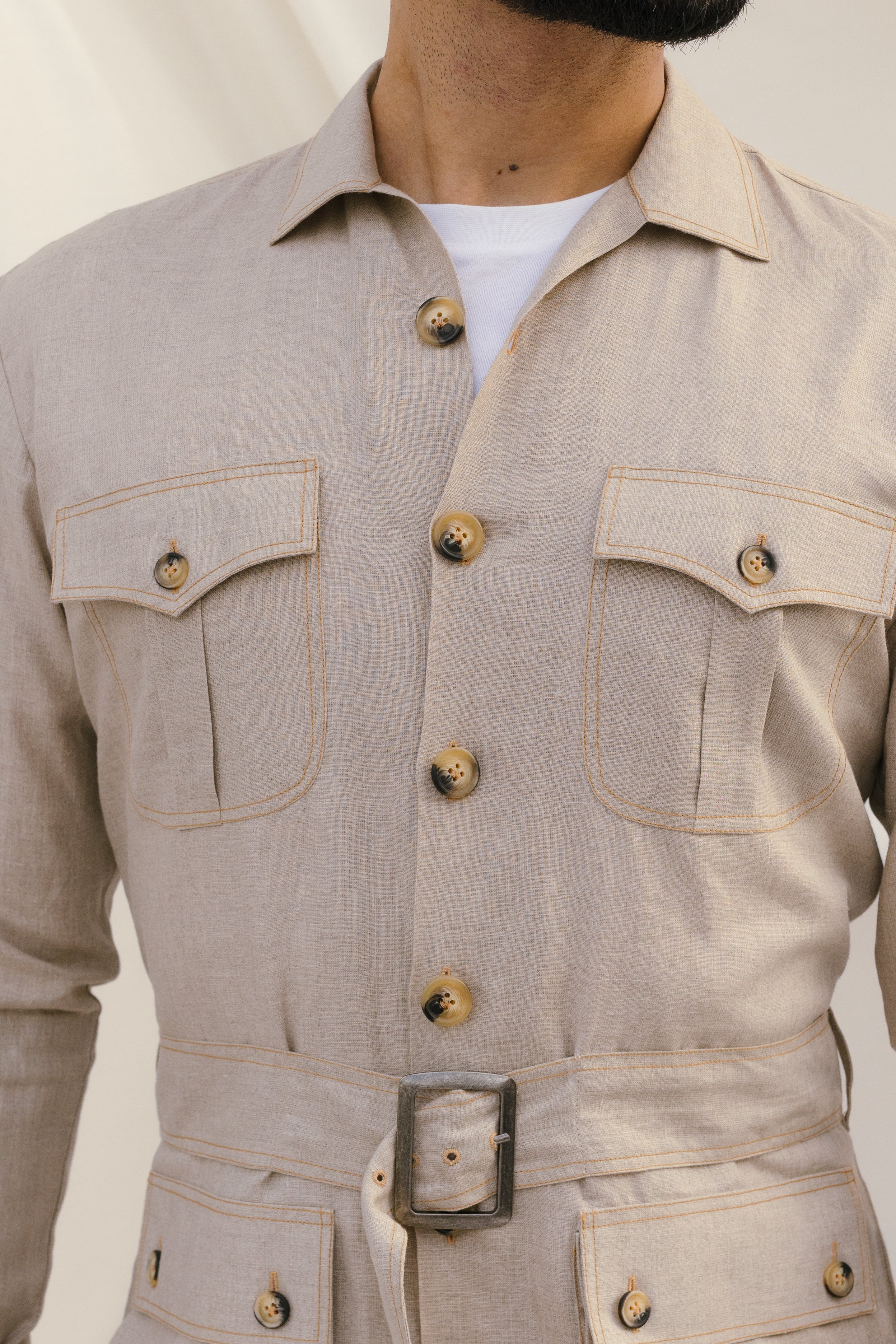 Beige Linen Cordset Safari Shirt with Patch Pockets & Waist Belt (with Pant) - Image 5