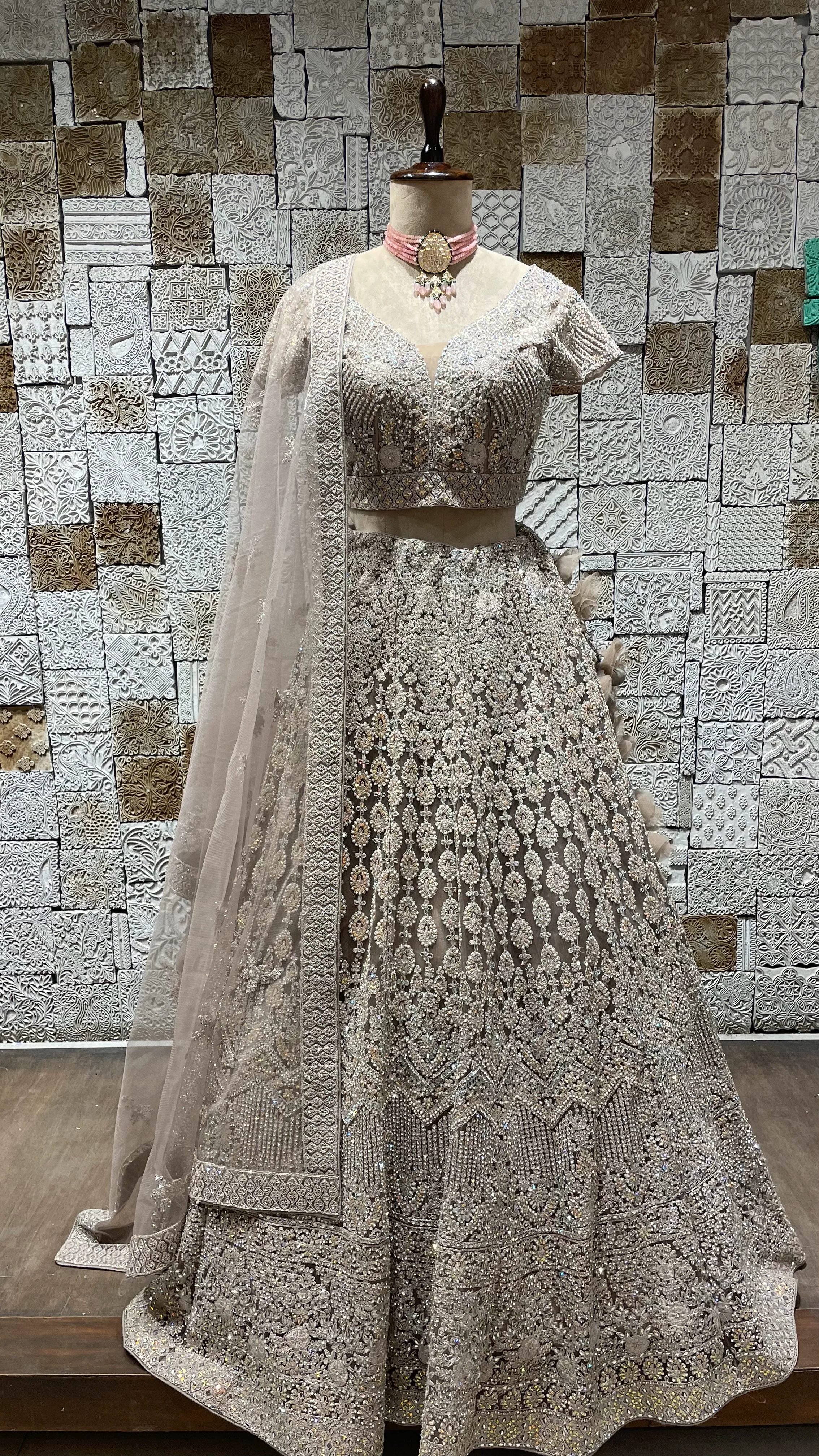 Beige Mirrorwork Net Lehenga with Sequin & Pearl Embellishments
