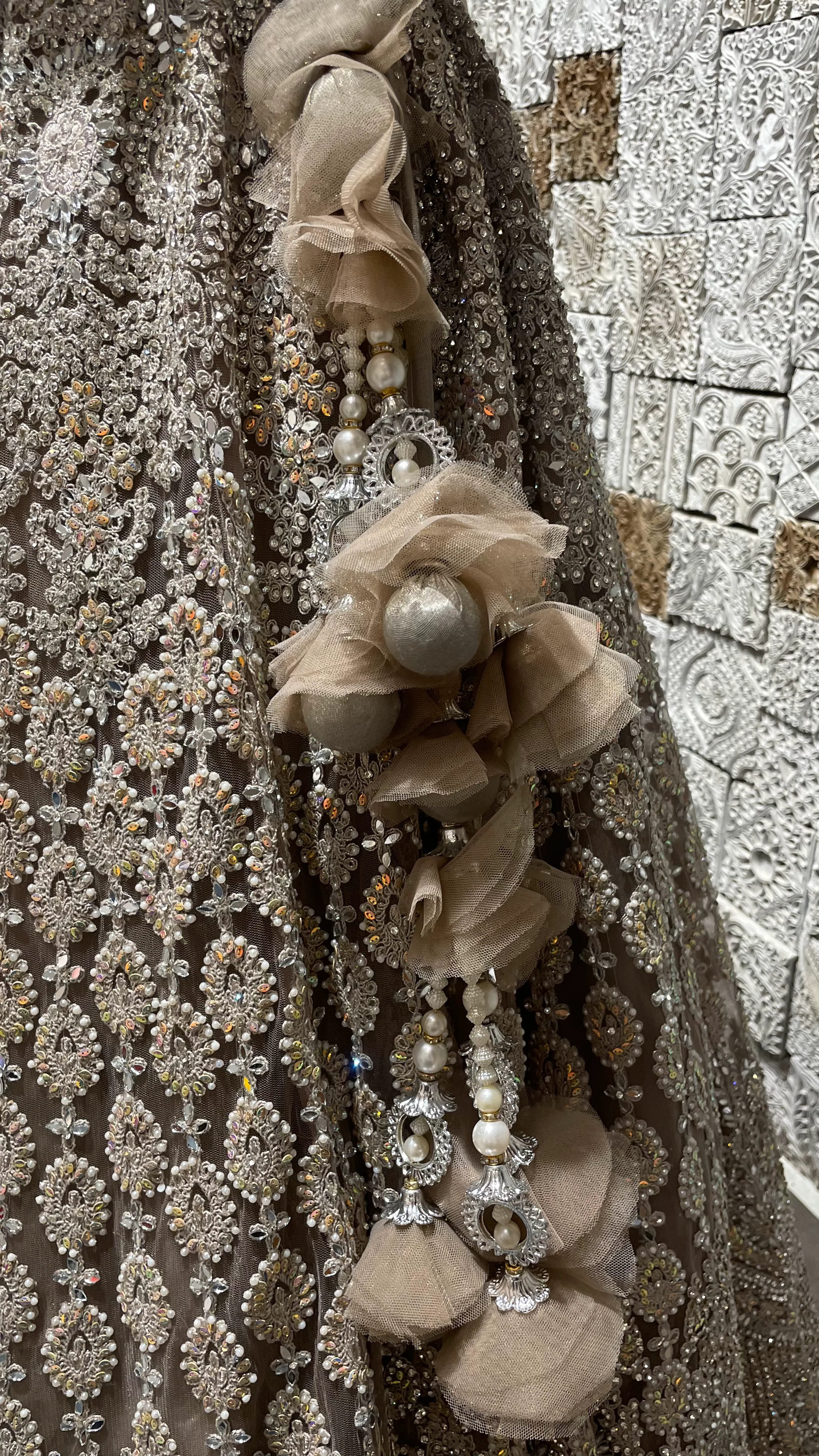 Beige Mirrorwork Net Lehenga with Sequin & Pearl Embellishments - Image 3