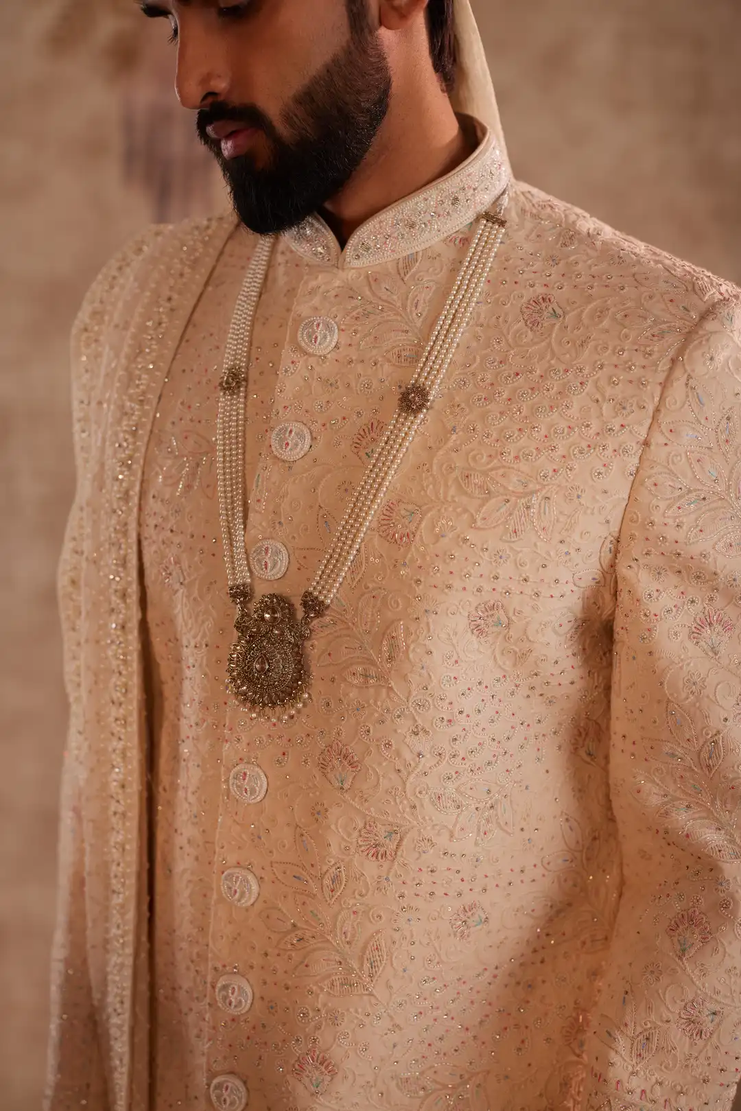 Beige Multicolour Embroidered Sherwani for Groom | Premium Wedding Sherwani - Image 7