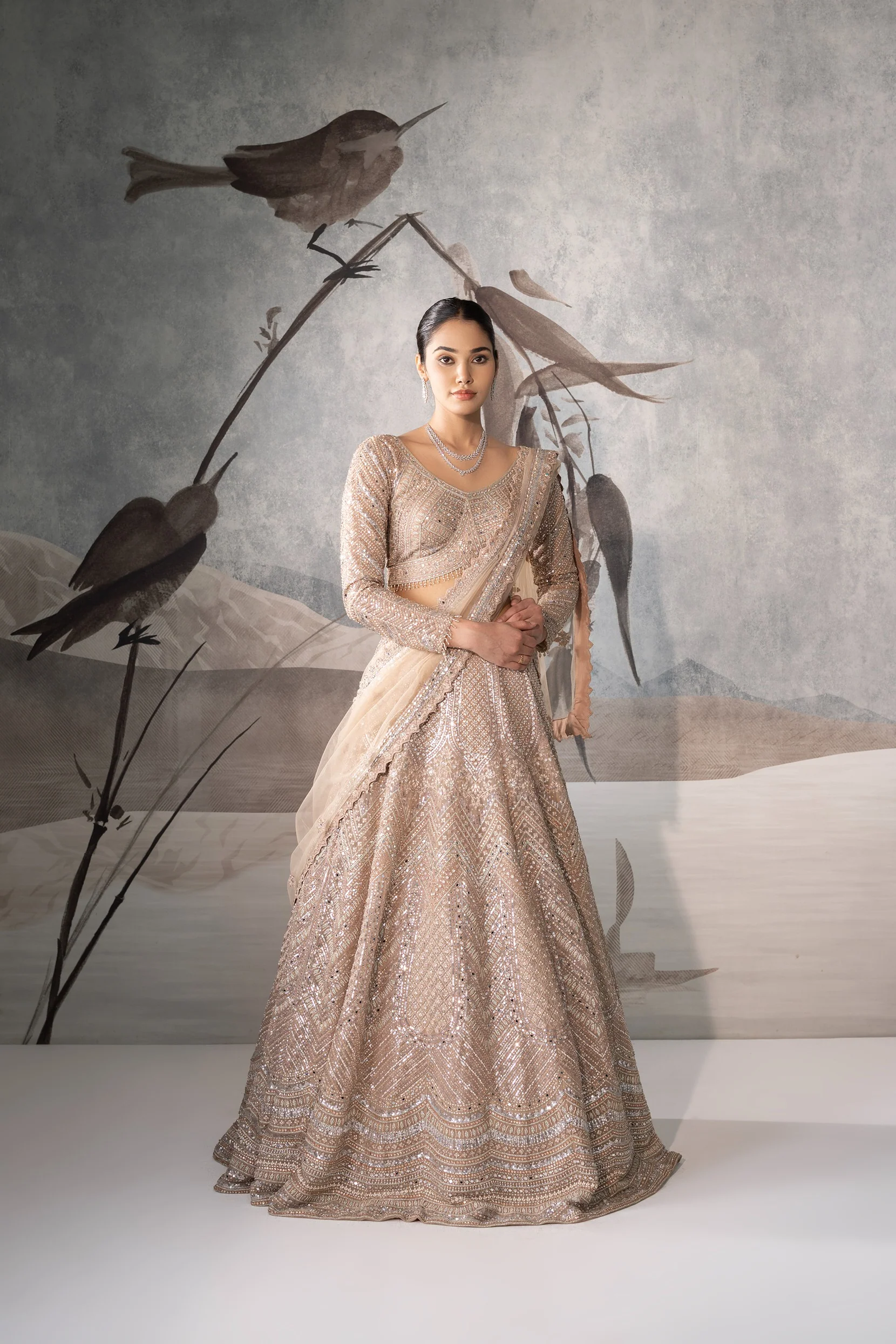 Beige Sequence Embellished Lehenga