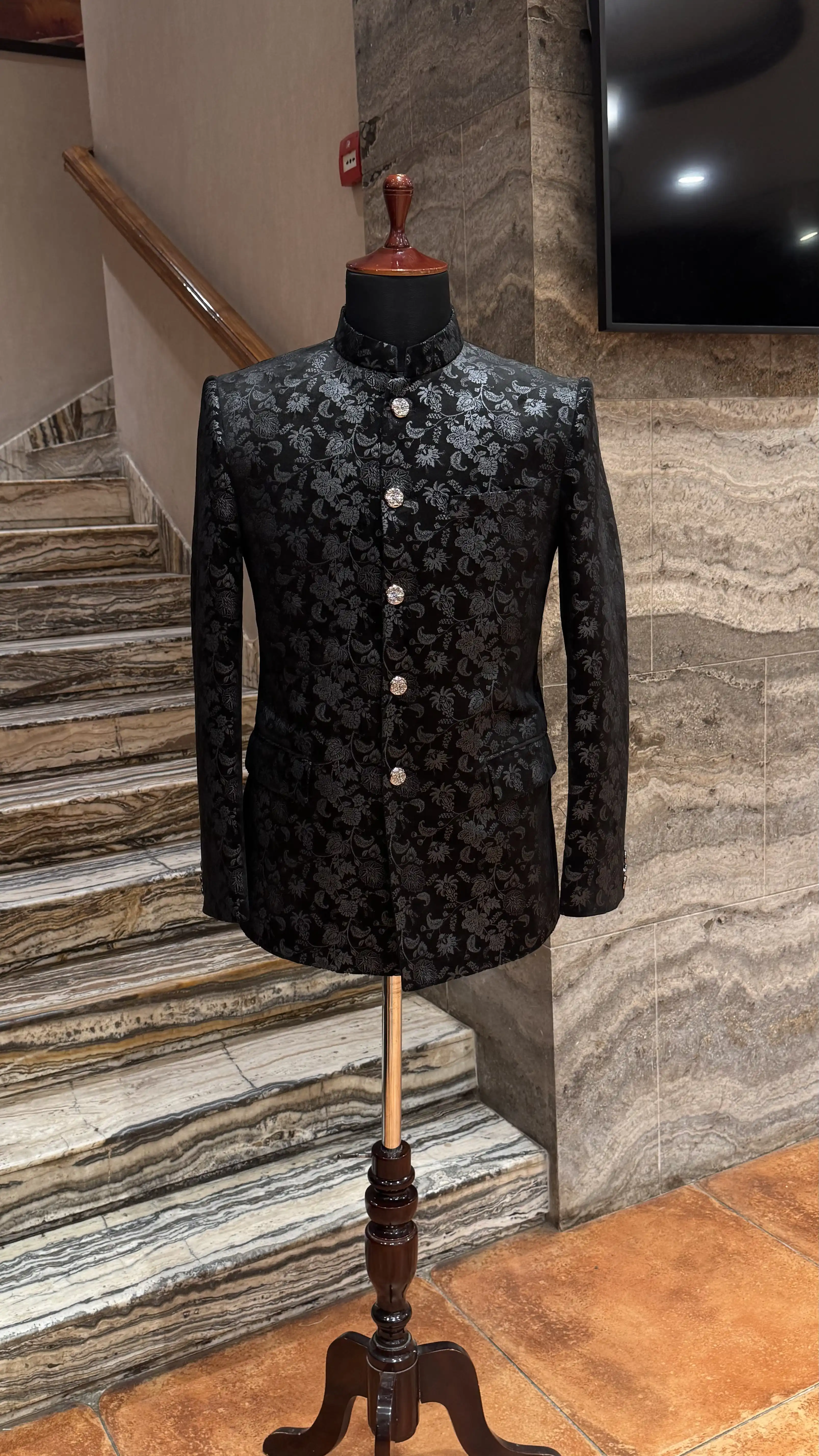 Black Bandhgala Jacket with Self Embroidery Work