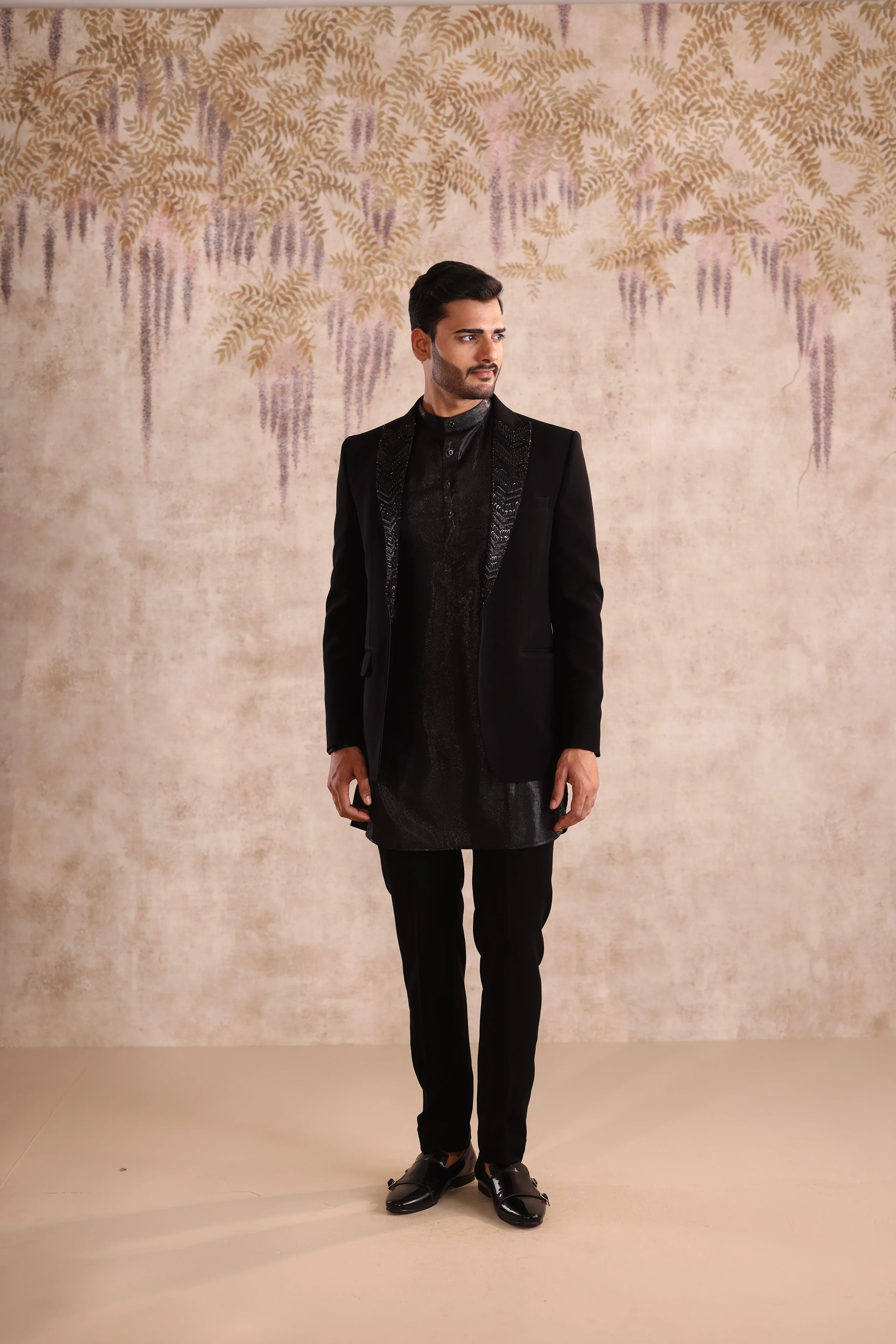 Peak embroidered lapel black  indo- western  with shimmering kurta