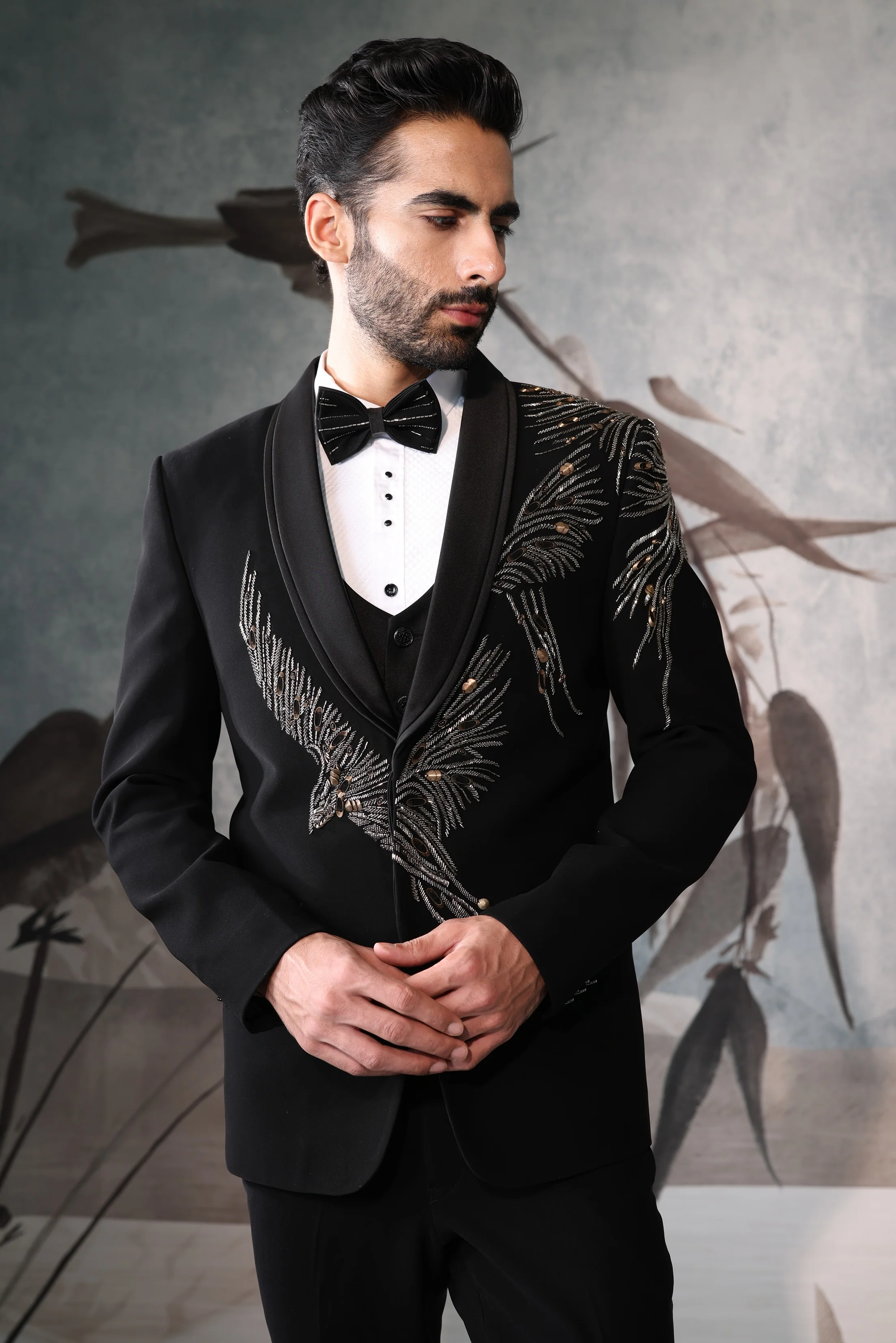 Black Embroidered Tuxedo for Men - Image 2