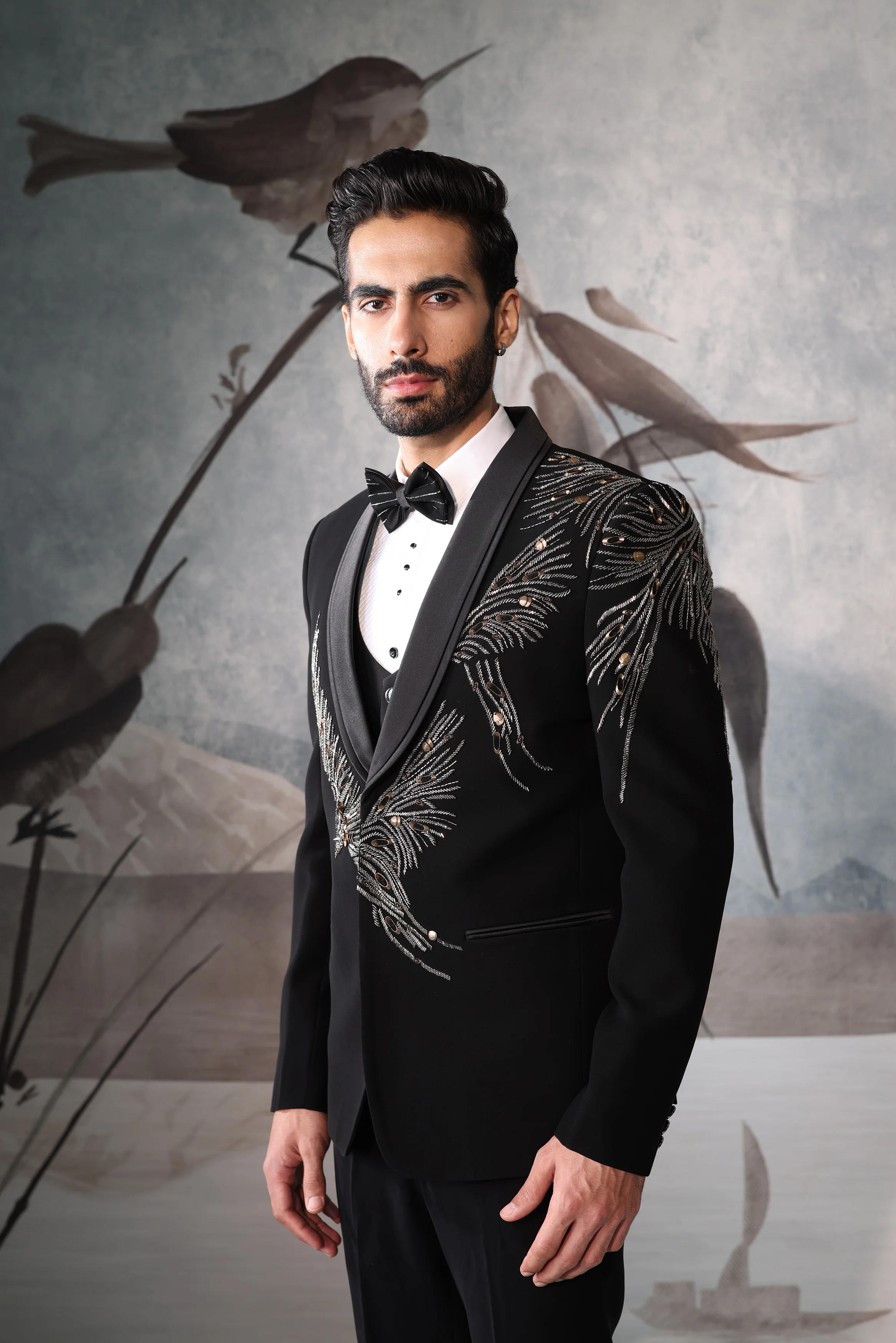 Black Embroidered Tuxedo for Men - Image 3
