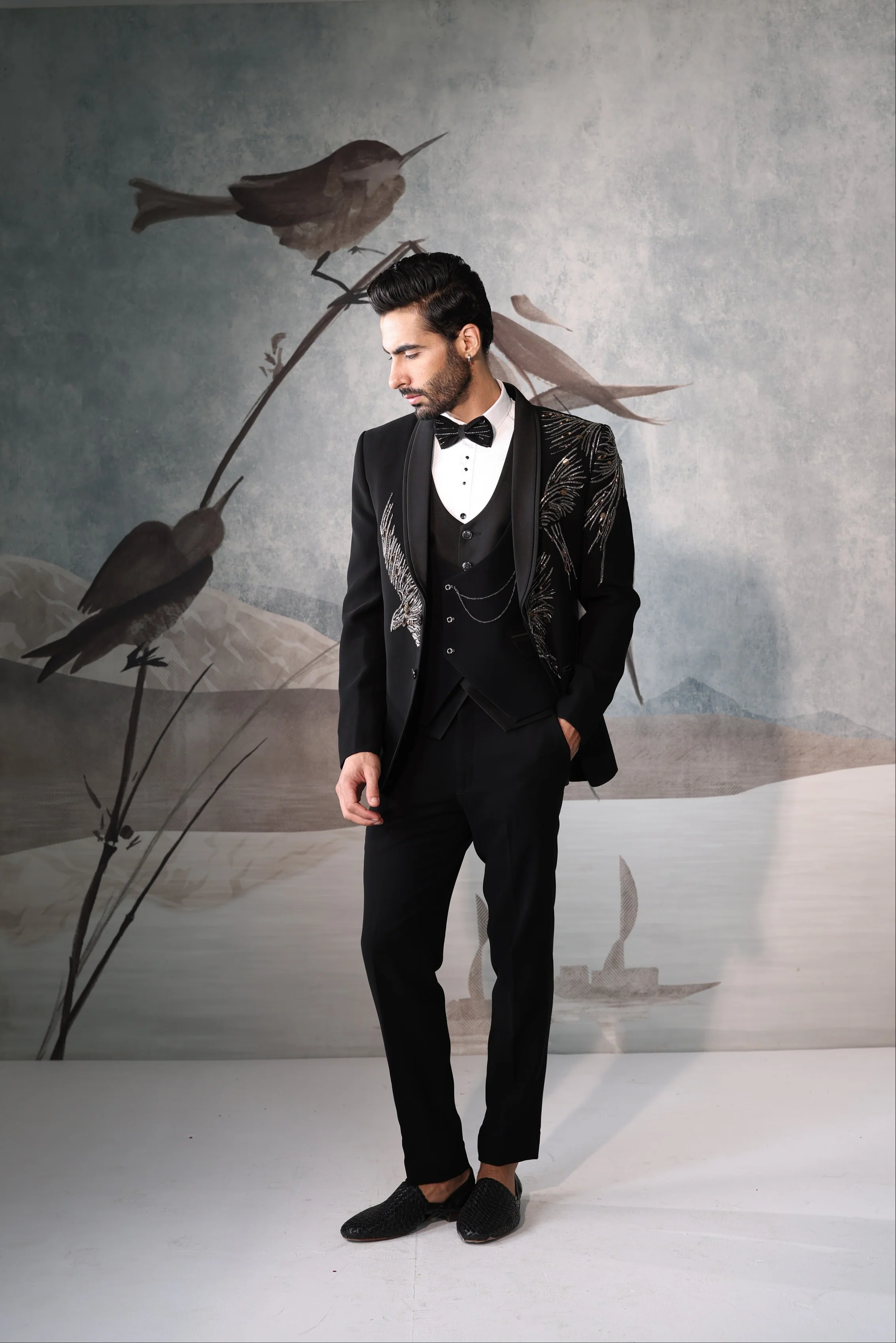 Black Embroidered Tuxedo for Men - Image 4