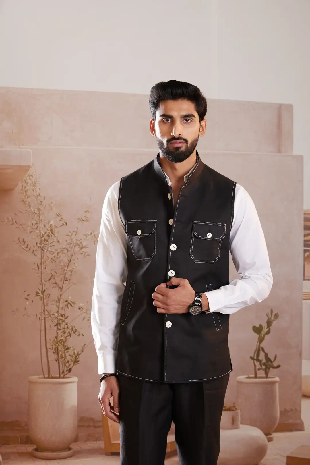 Black Linen Sadri with contrast stitching