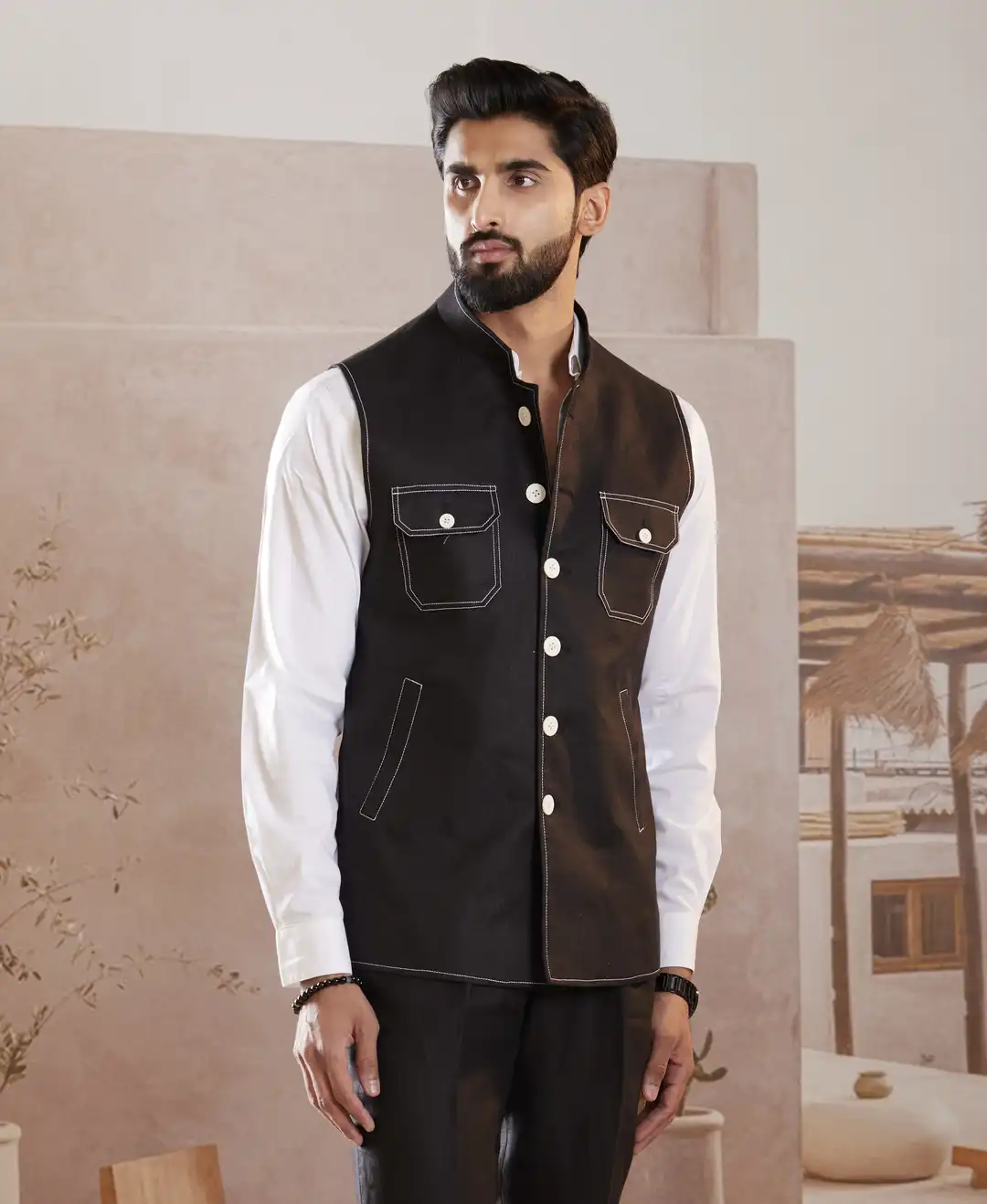 Black Linen Sadri with contrast stitching - Image 2