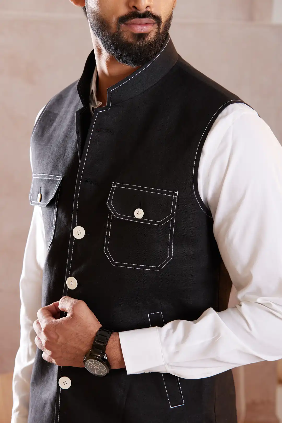 Black Linen Sadri with contrast stitching - Image 3