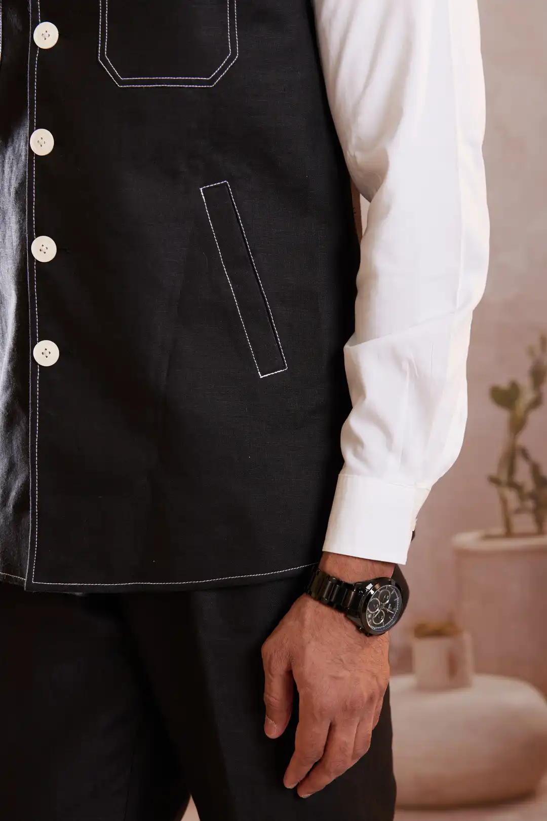 Black Linen Sadri with contrast stitching - Image 4