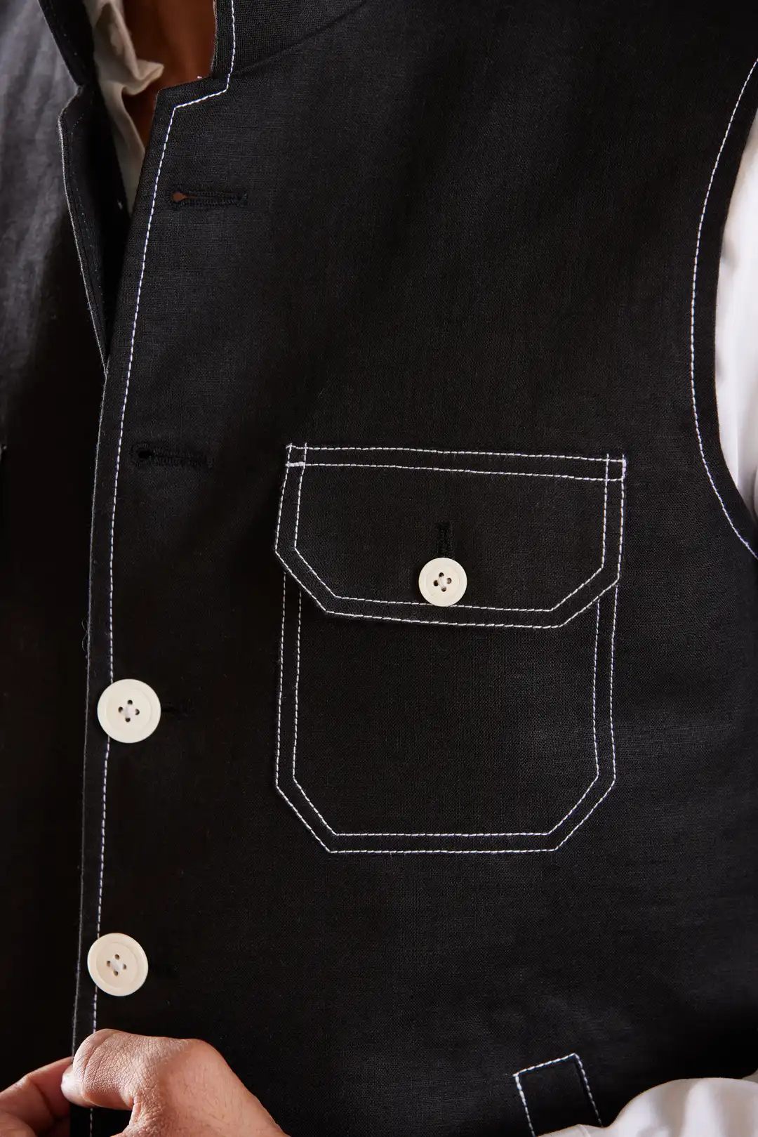 Black Linen Sadri with contrast stitching - Image 5