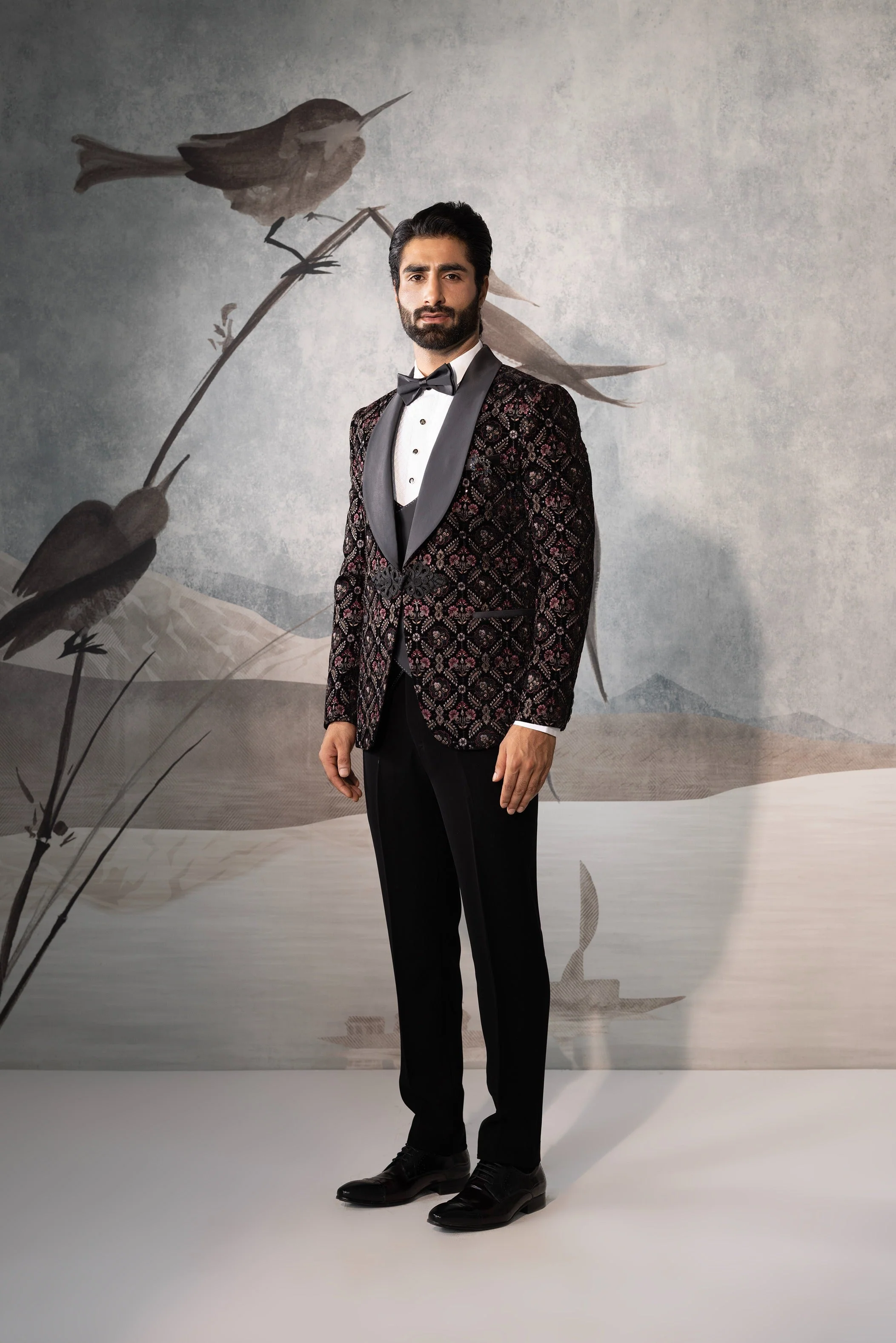 Black Men Tuxedo with Floral Design - Image 4