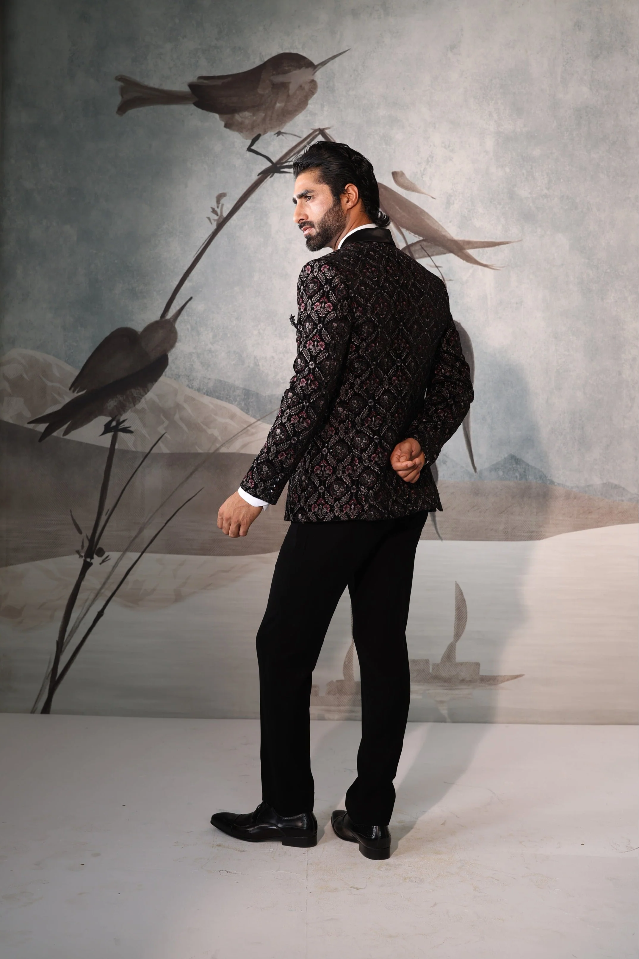 Black Men Tuxedo with Floral Design - Image 5