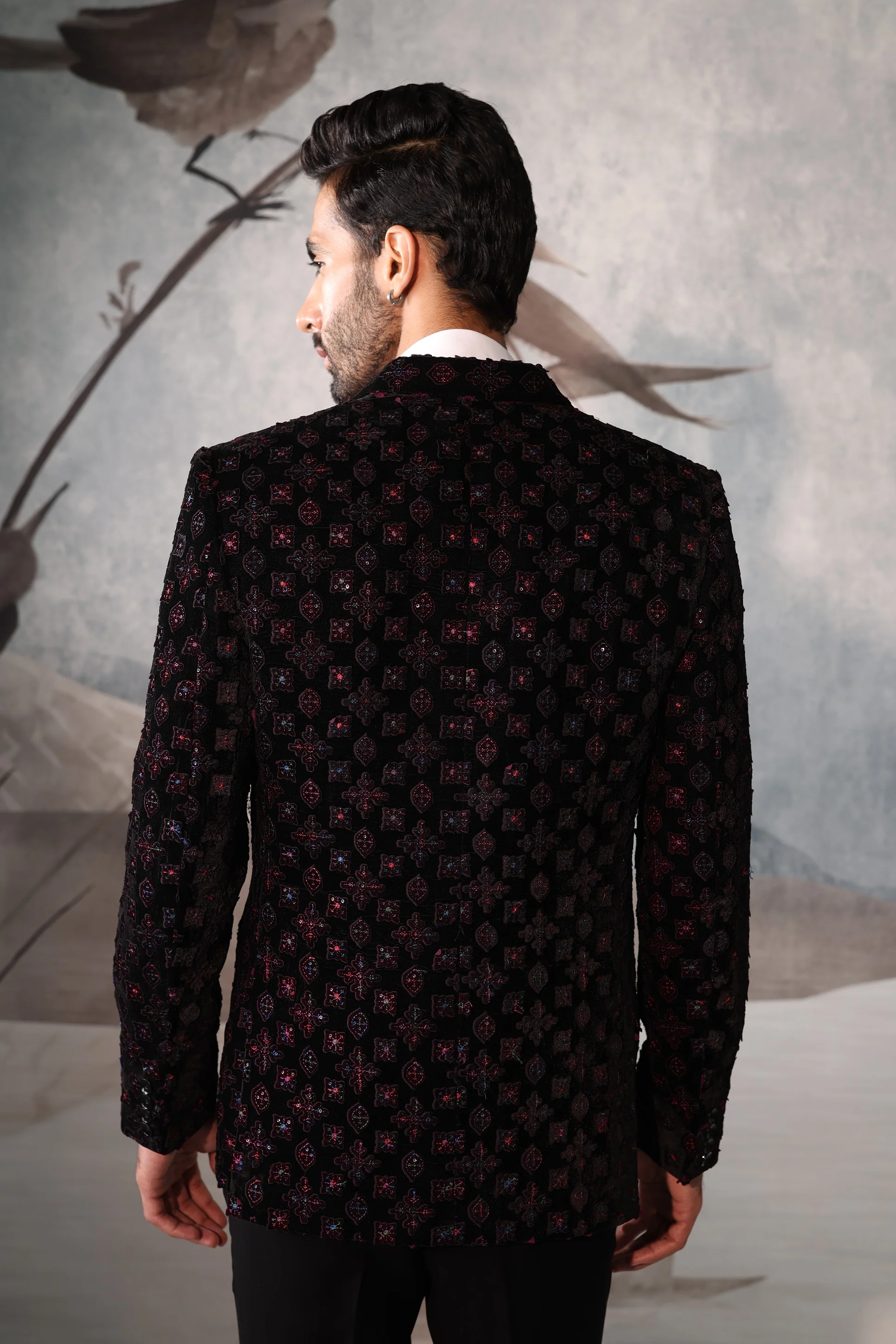 Black Tuxedo for Men with Purple Appliqué Work - Image 3