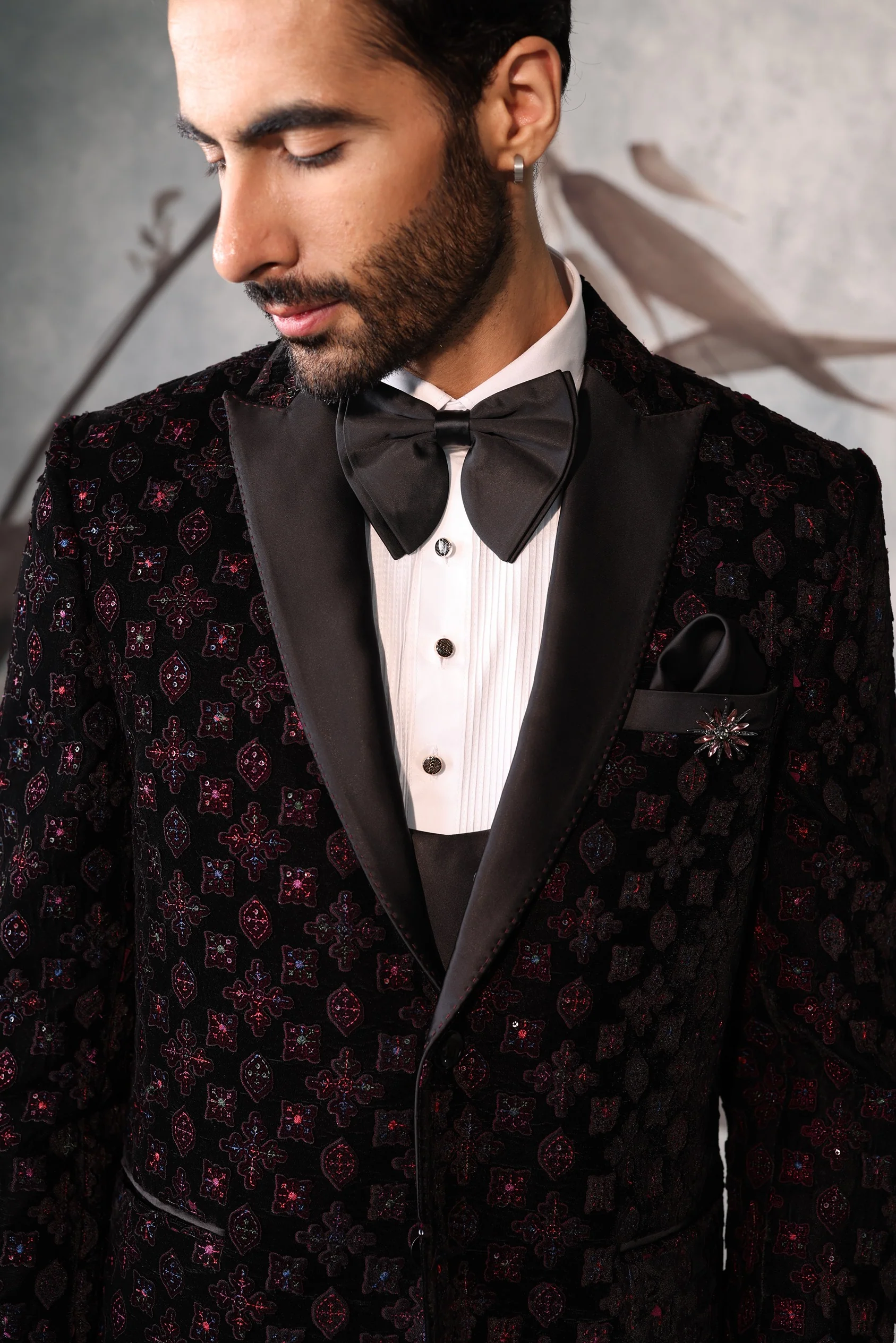 Black Tuxedo for Men with Purple Appliqué Work - Image 4