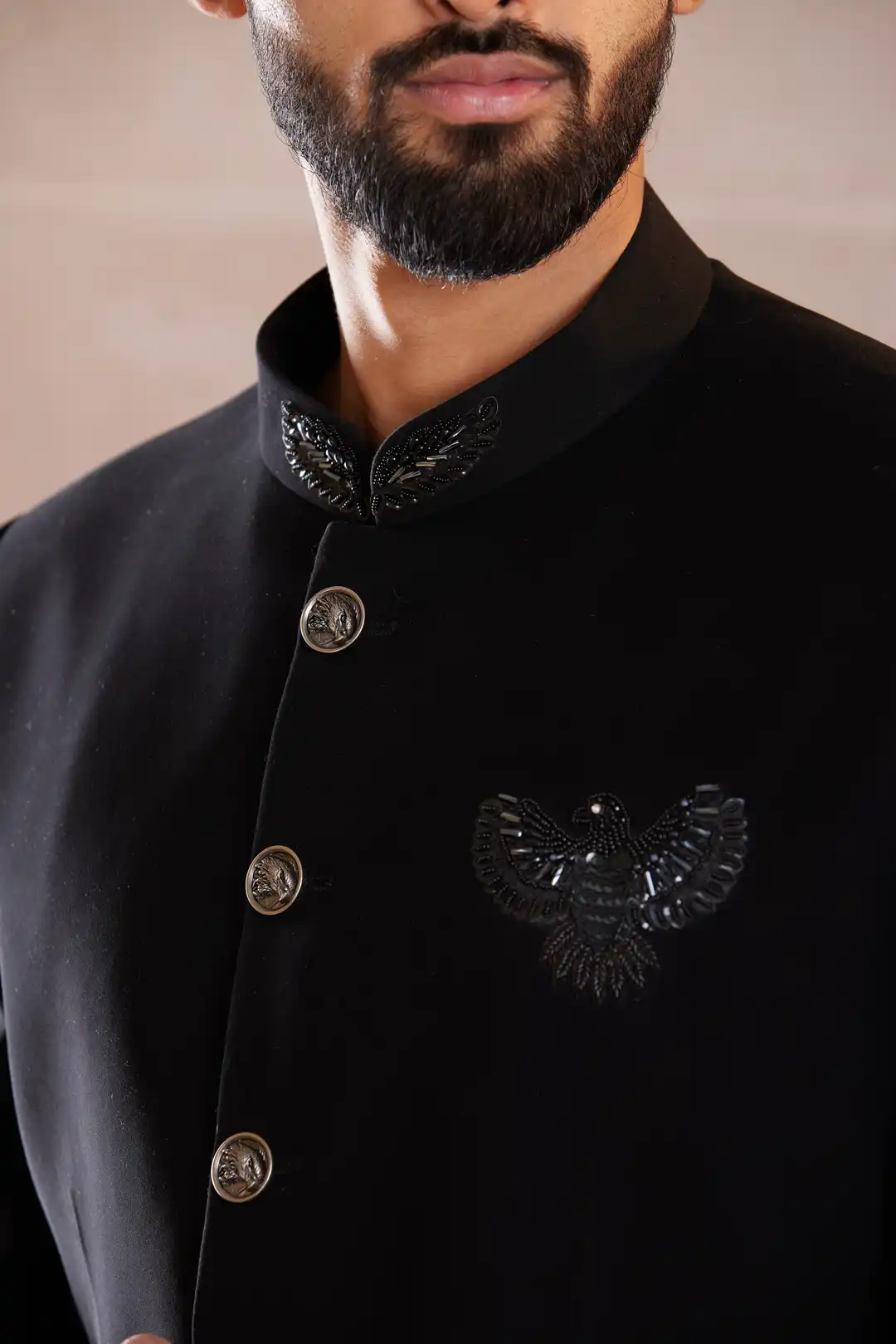 Black textured Bandgala with Bird Motif - Image 3