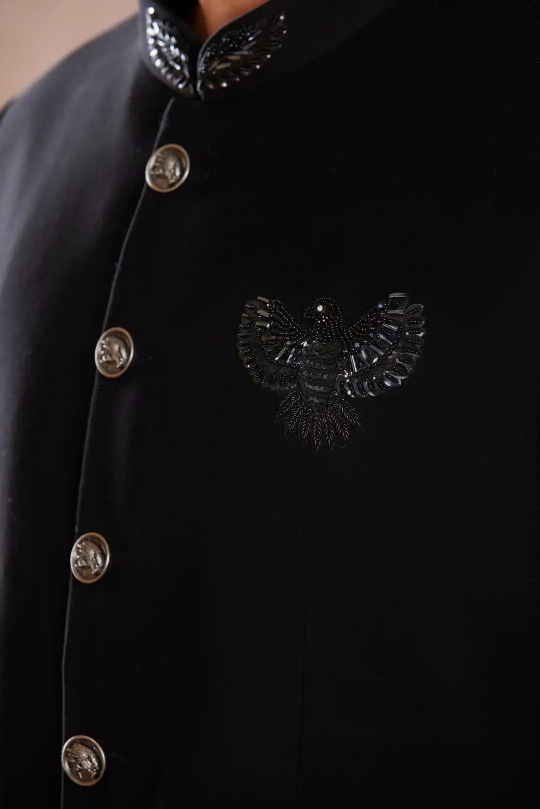 Black textured Bandgala with Bird Motif - Image 4