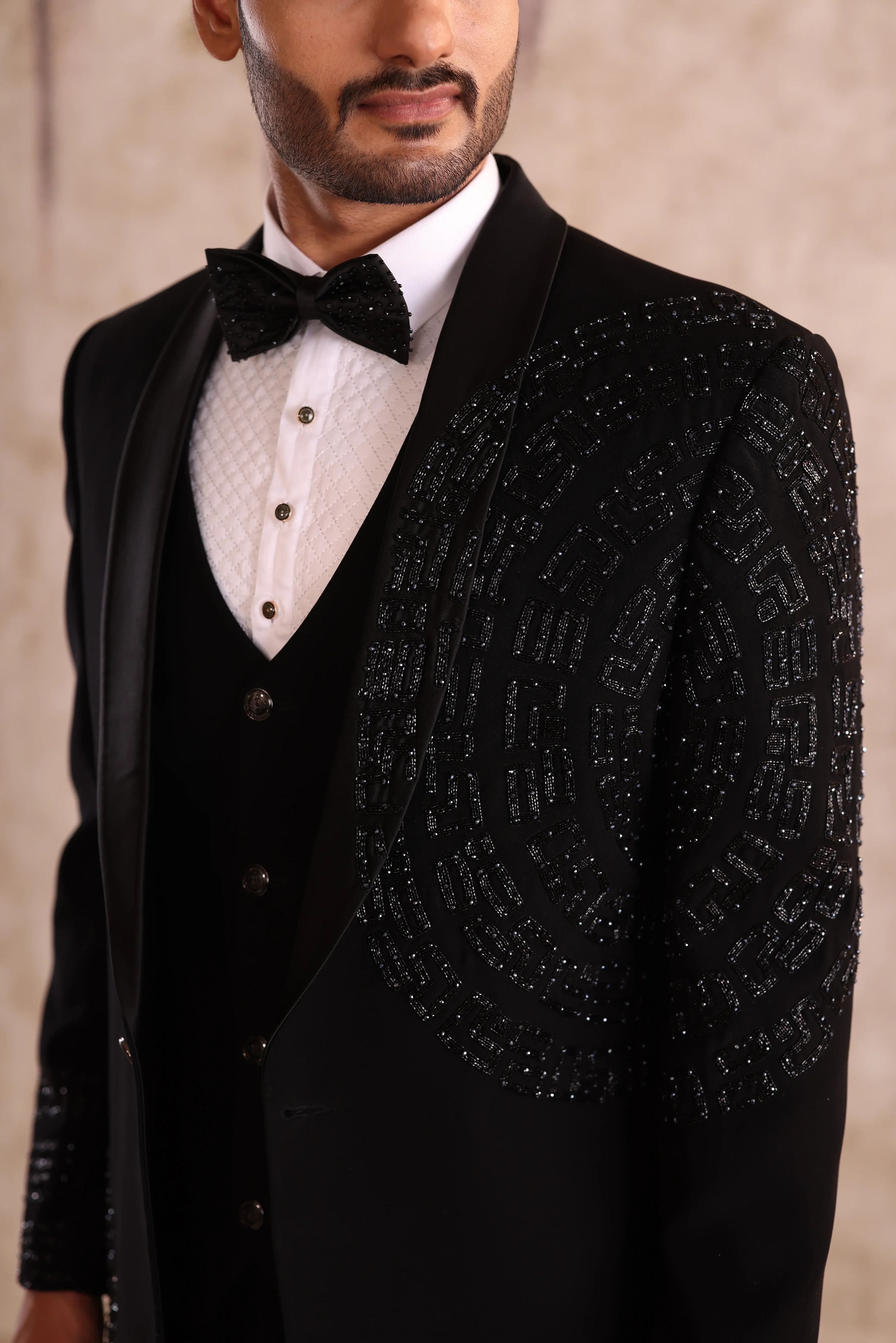 Black Embroidered Shawl Lapel Tuxedo for Men - Image 4