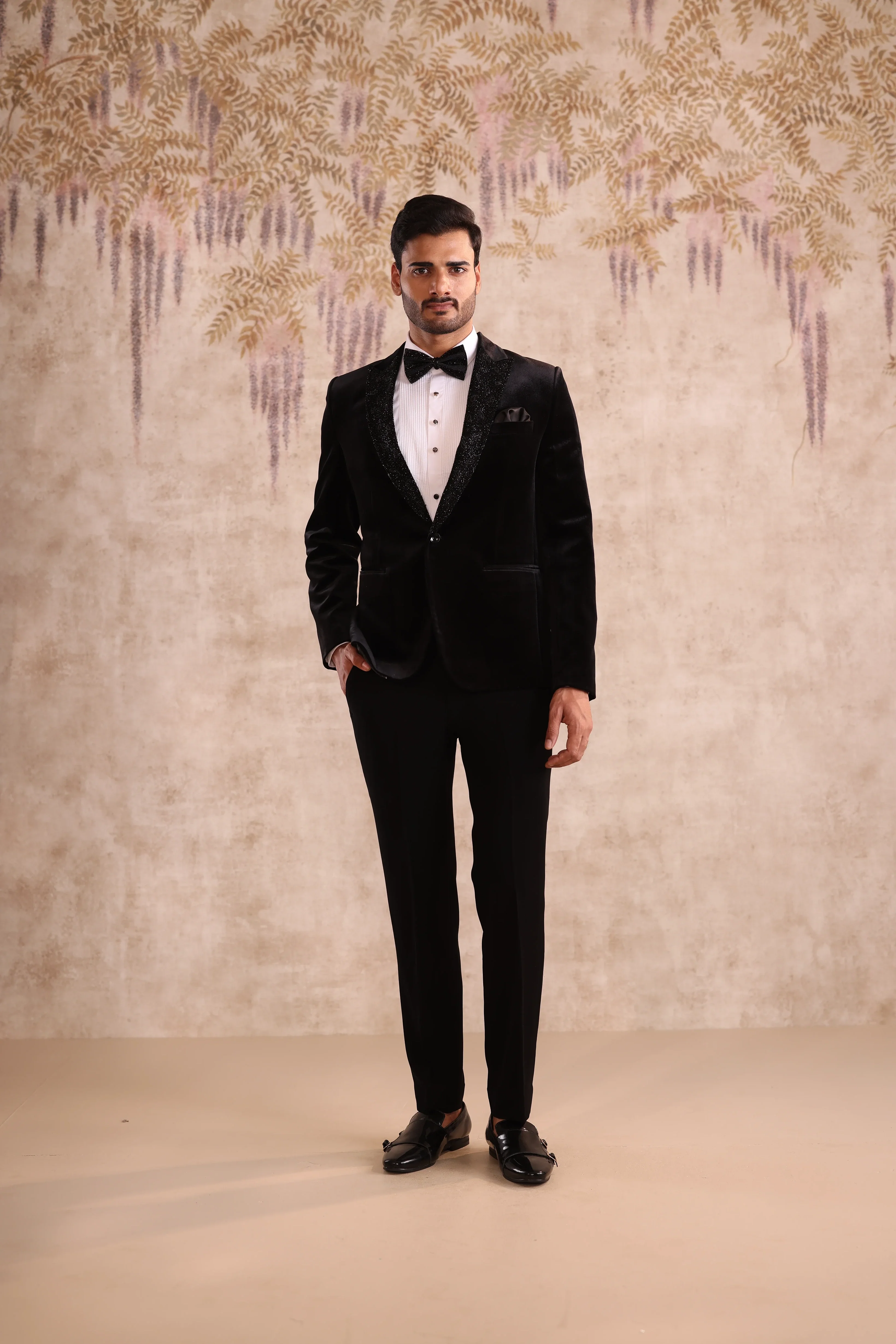 Black Velvet Peak Embroidered Lapel Tuxedo for Men