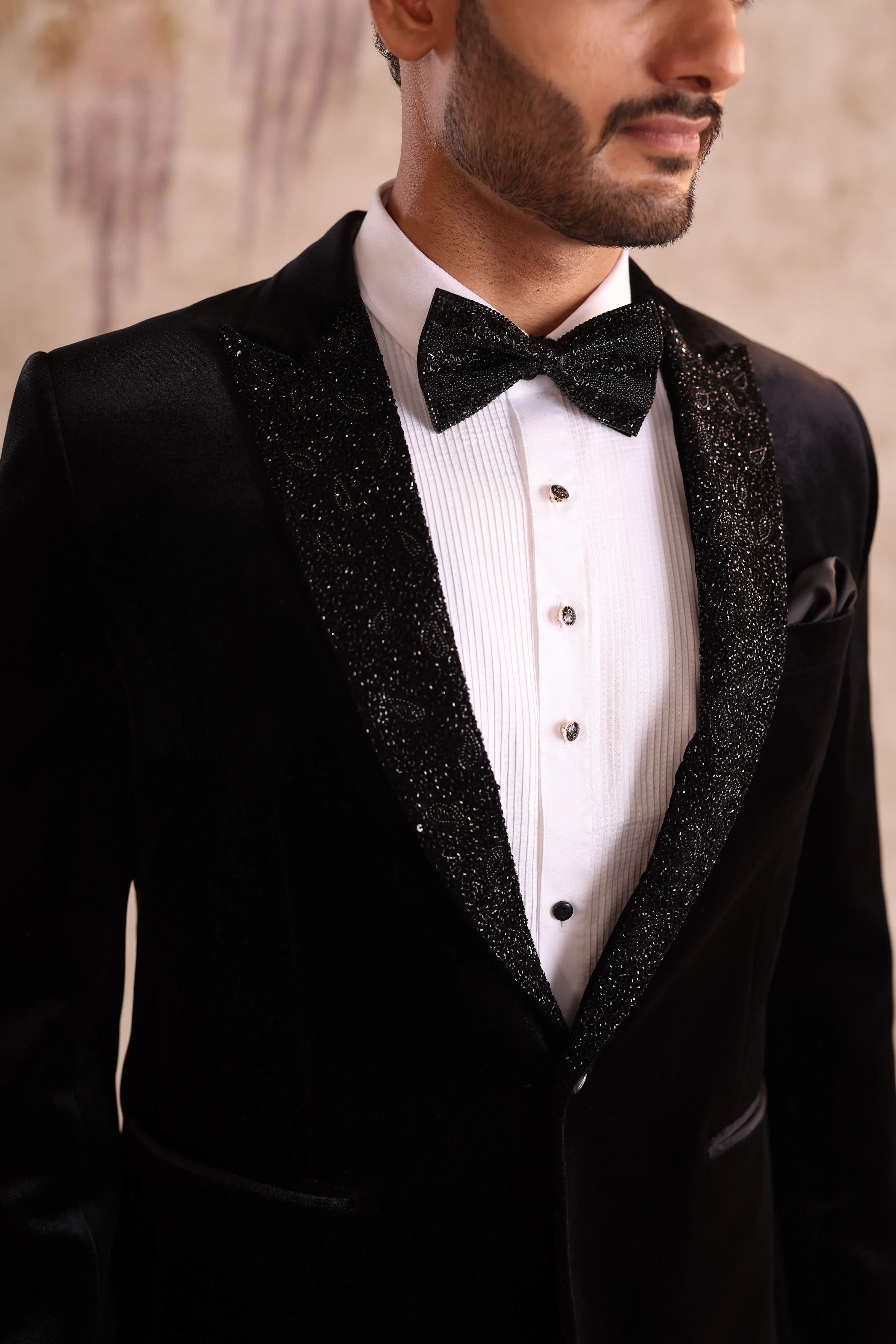 Black Velvet Peak Embroidered Lapel Tuxedo for Men - Image 4