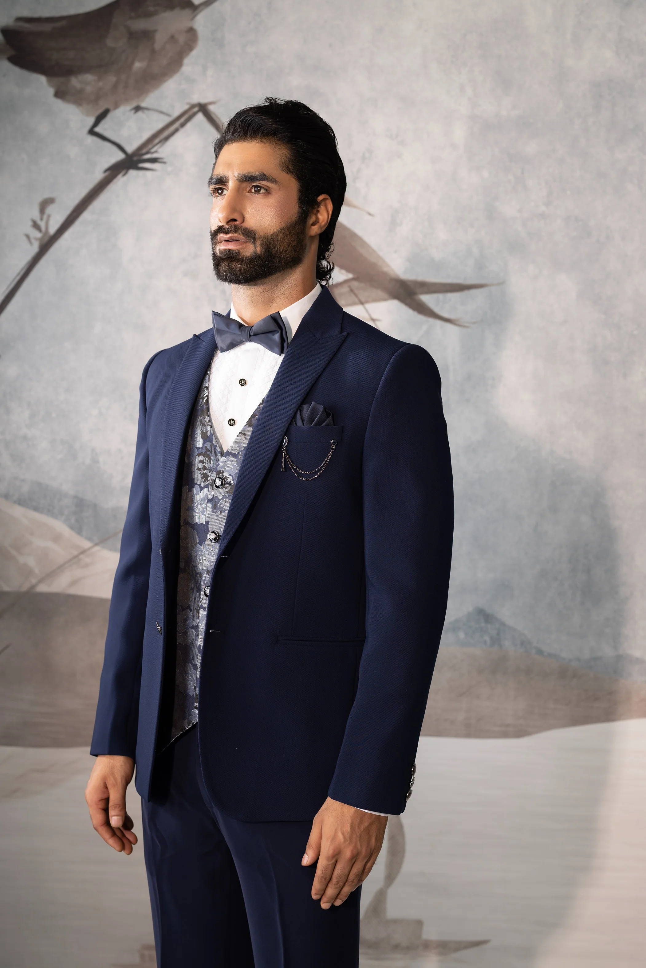 Blue Formal Suit with Printed Waistcoat for Men - Image 3