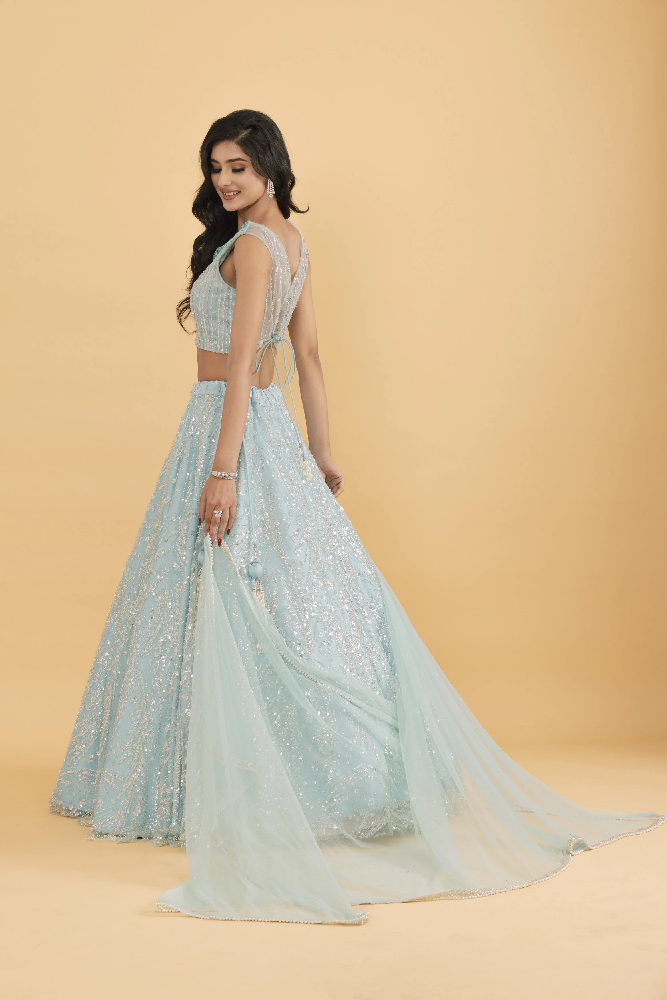 Blue Net Lehenga with Silver Embellishments - Image 4