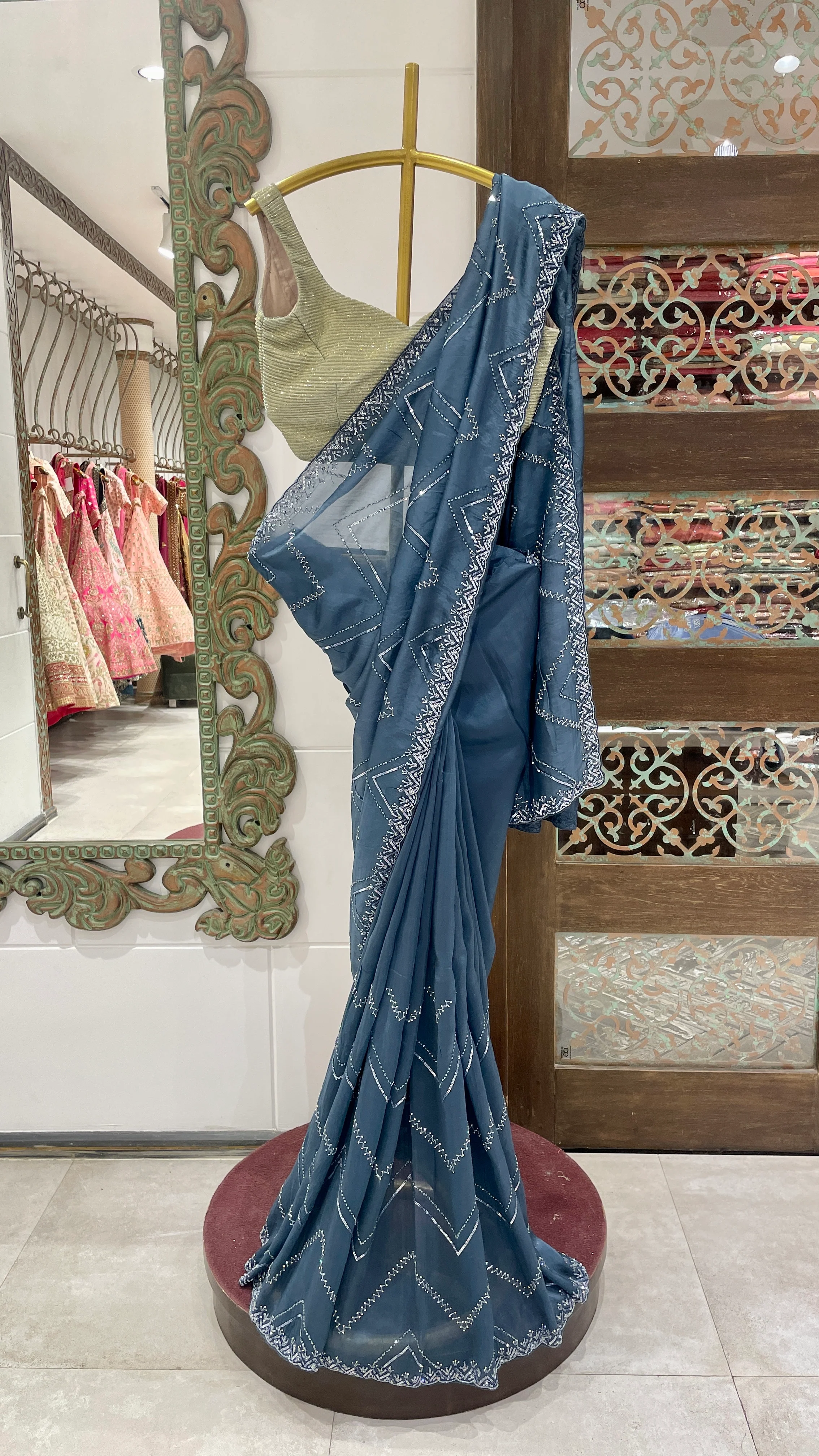 Dusty Blue Saree with Silver Sequin Embroidery and Golden Blouse