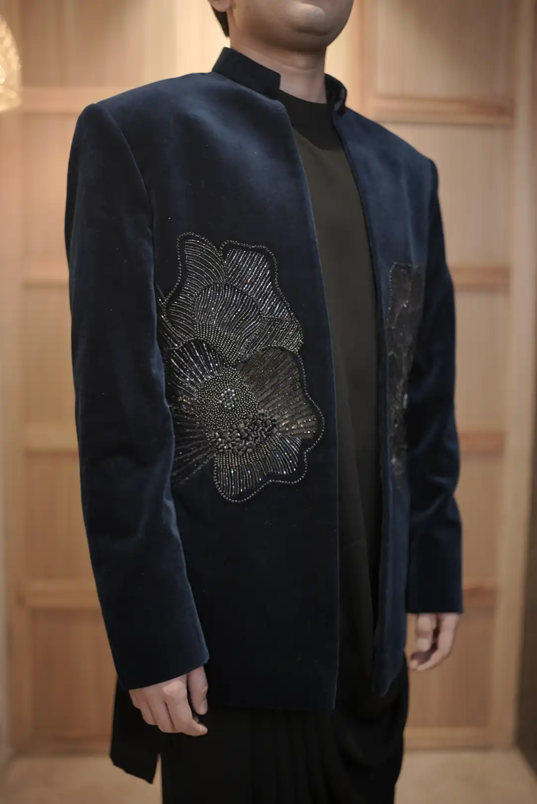 Blue Velvet Indowestern asymmetric kurta set & floral embroidery
