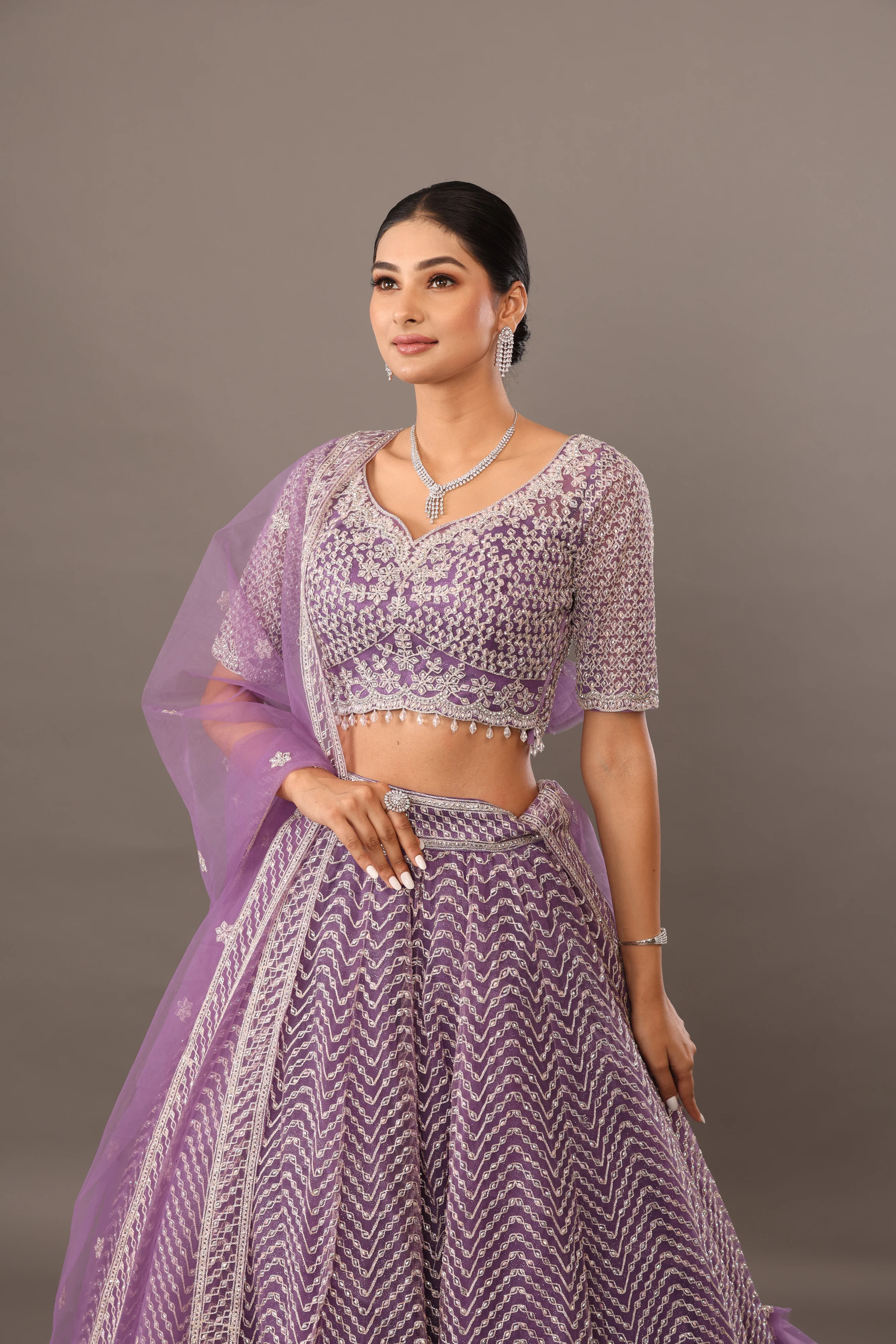 Lilac Net Lehenga with Embellishments - Image 3