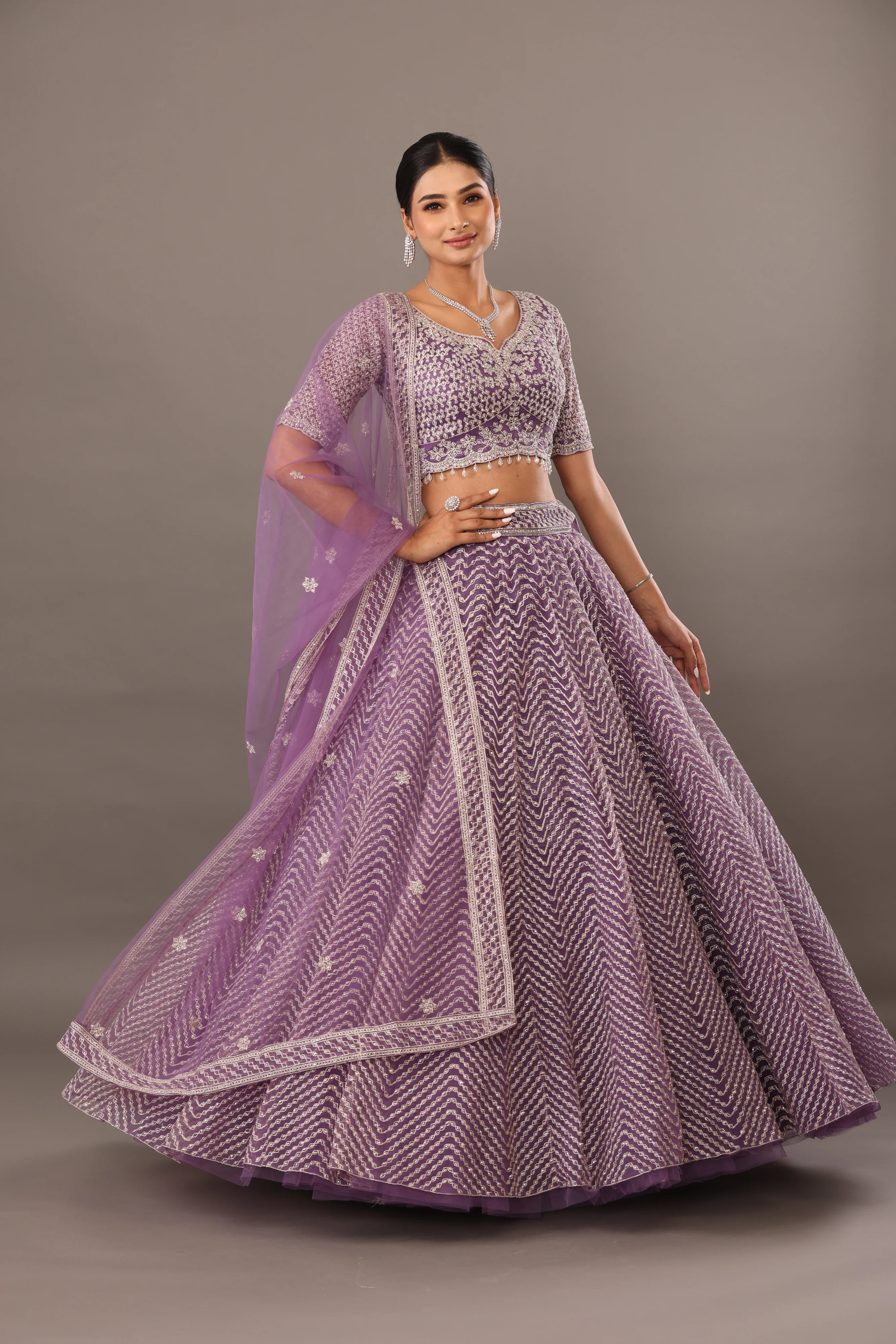 Lilac Net Lehenga with Embellishments - Image 4
