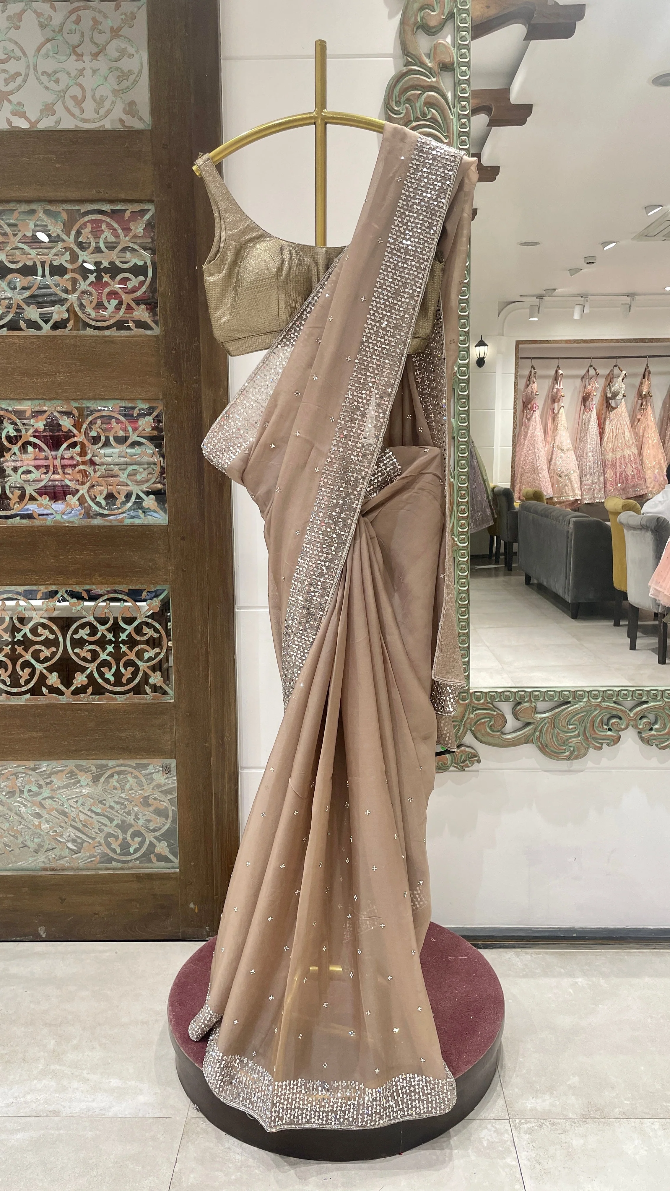 brown Saree with Pearl Embellished Border and Golden Blouse - Image 2