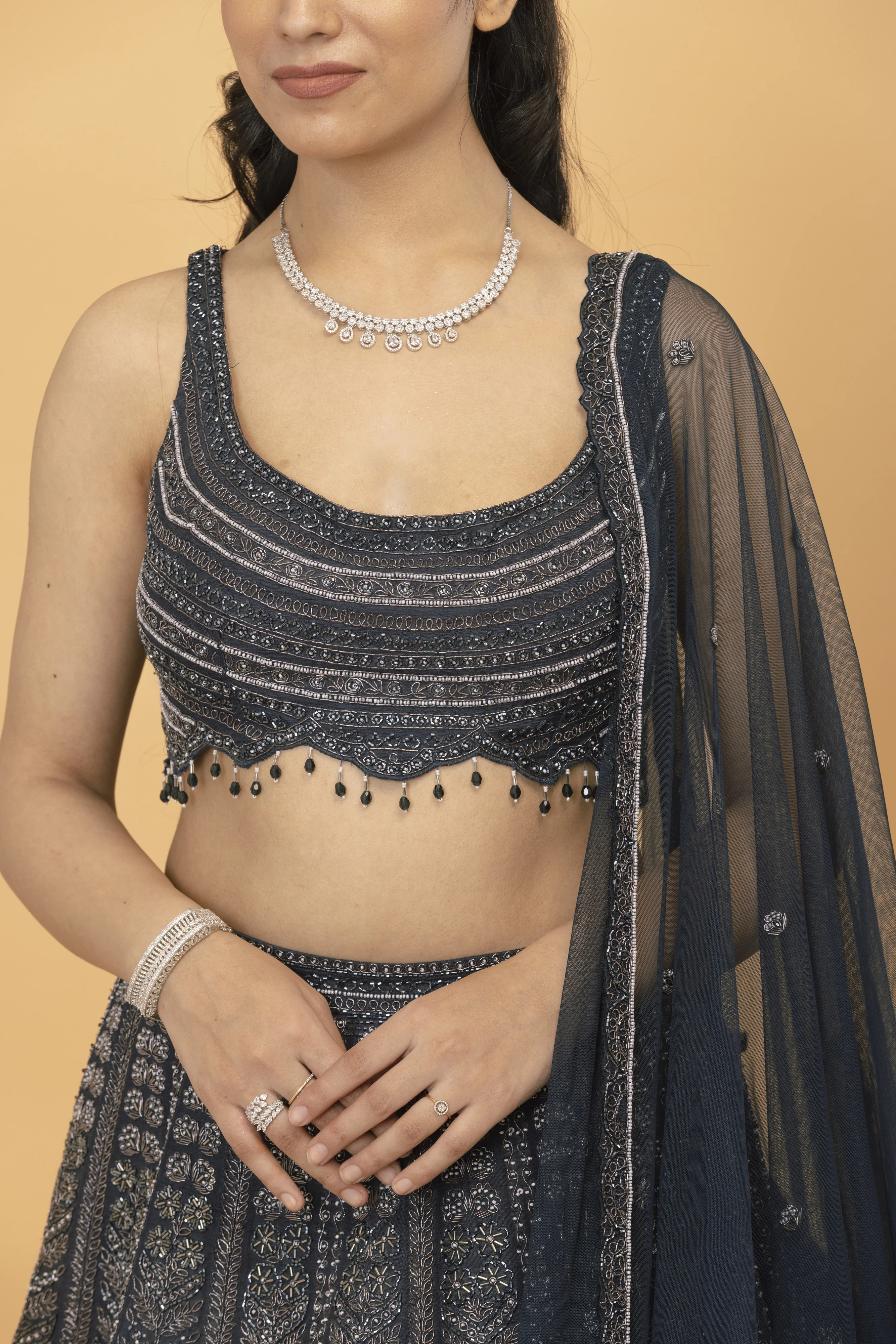 Charcoal Grey Embroidered Silk Lehenga