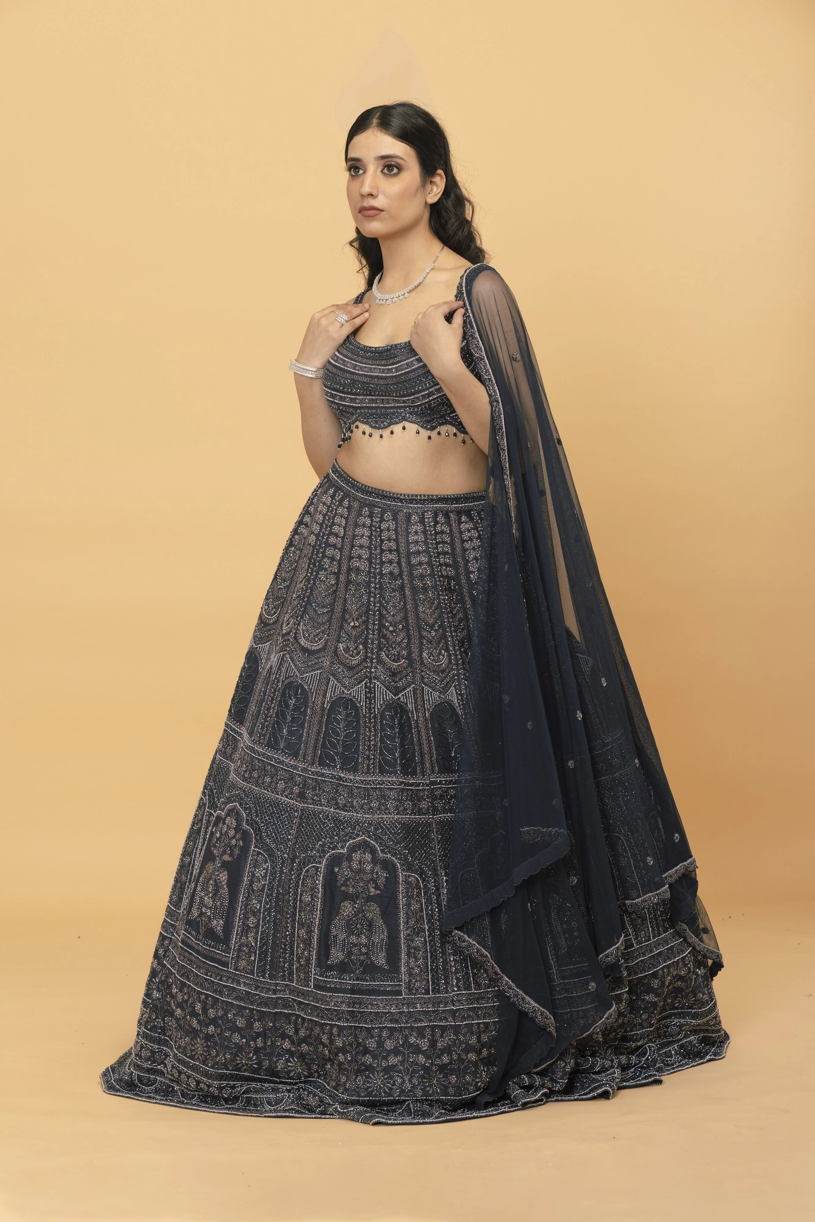Charcoal Grey Embroidered Silk Lehenga - Image 2