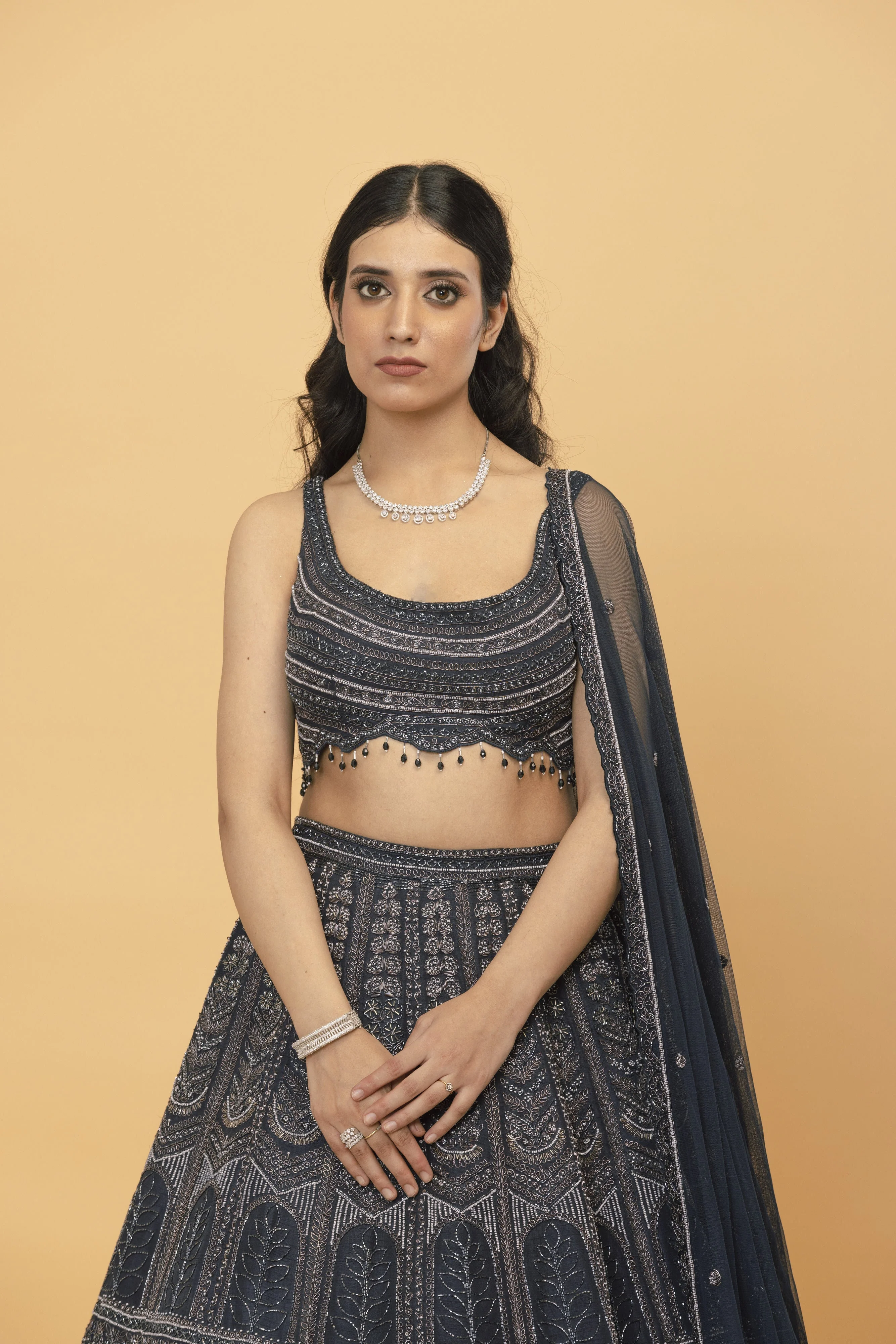 Charcoal Grey Embroidered Silk Lehenga - Image 3