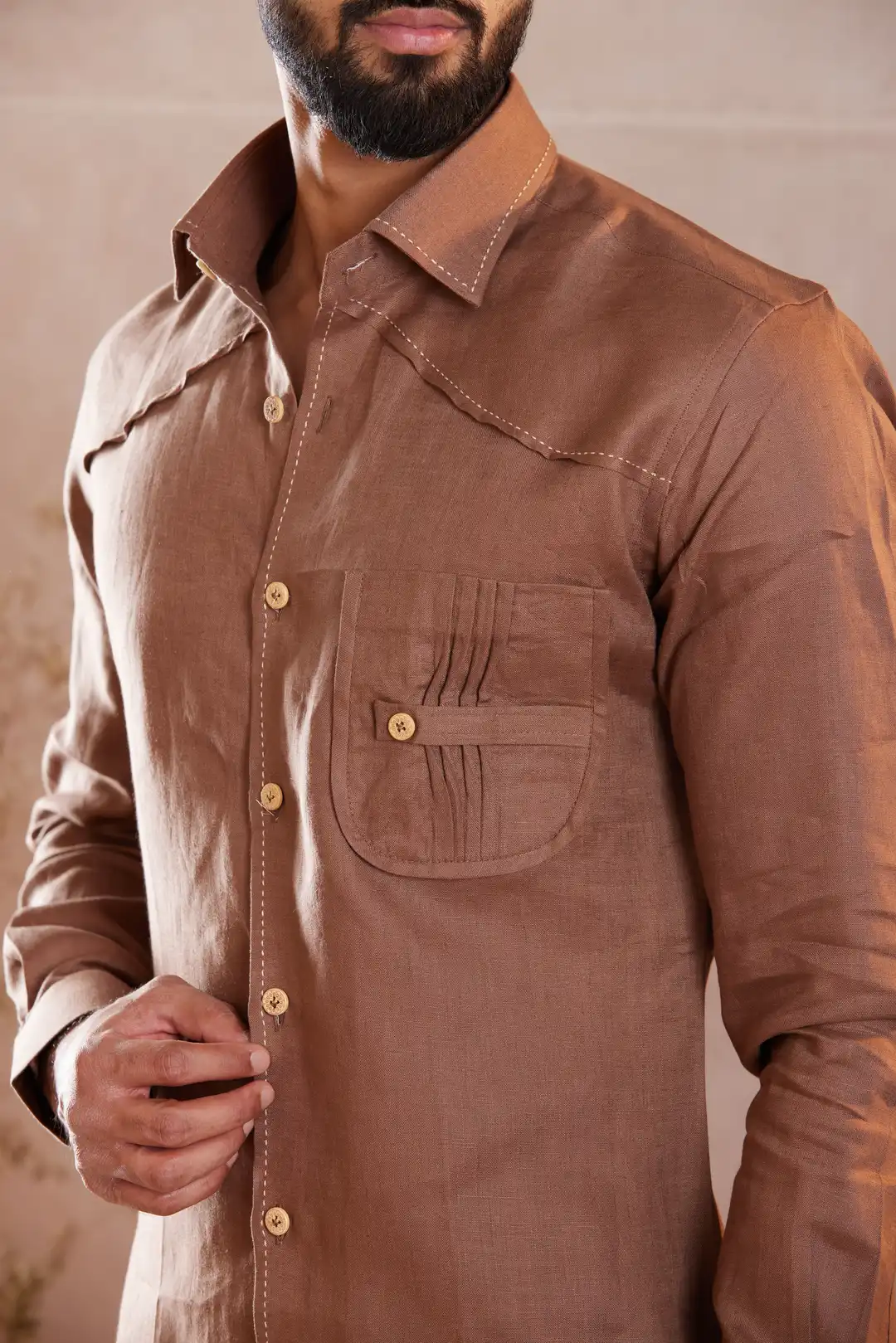 Classic Brown Linen Shirt with pocket detailing - Image 2