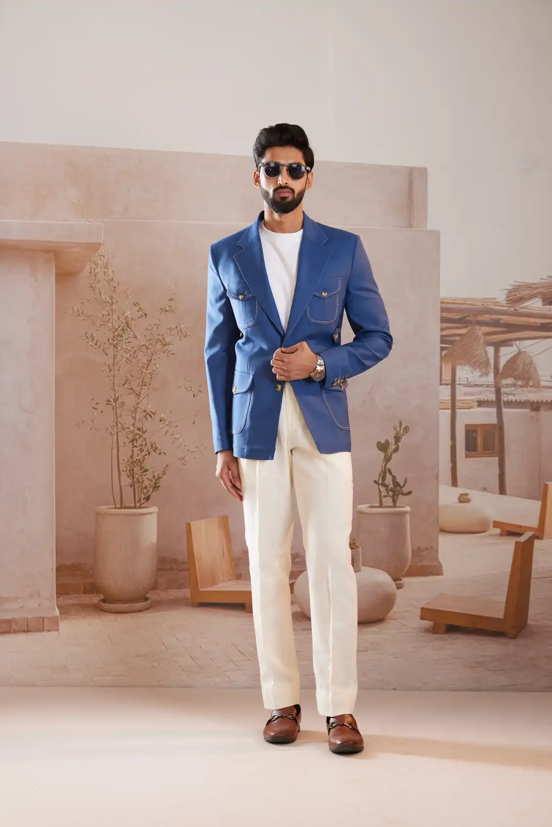 Cobalt blue Linen Tailored Blazer with Contrast Stitching