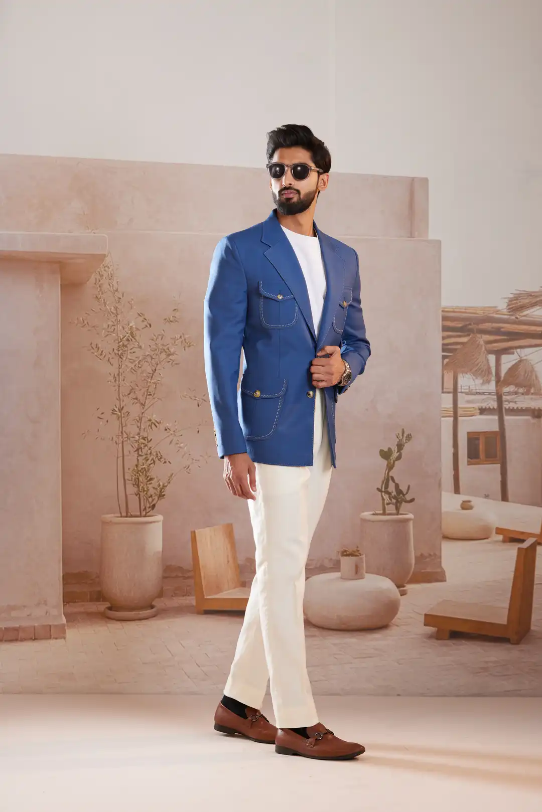 Cobalt blue Linen Tailored Blazer with Contrast Stitching - Image 2