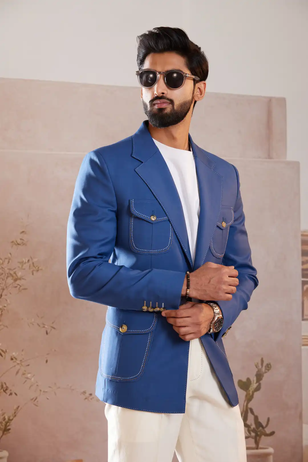 Cobalt blue Linen Tailored Blazer with Contrast Stitching - Image 3