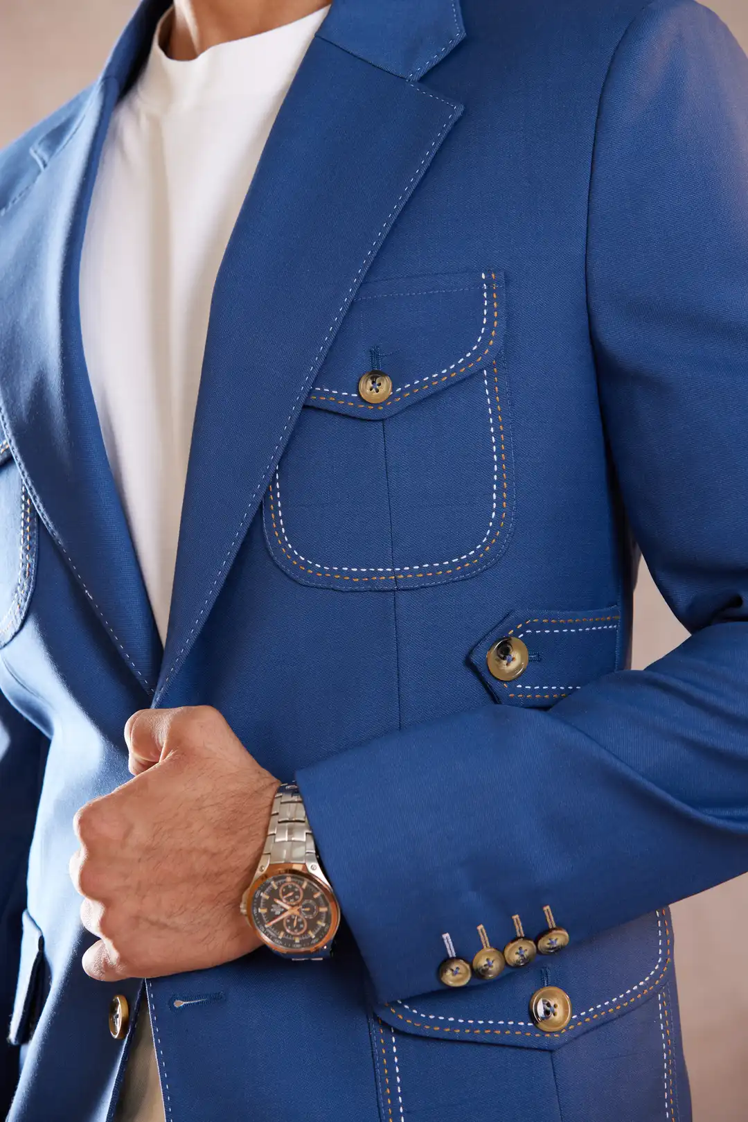 Cobalt blue Linen Tailored Blazer with Contrast Stitching - Image 4