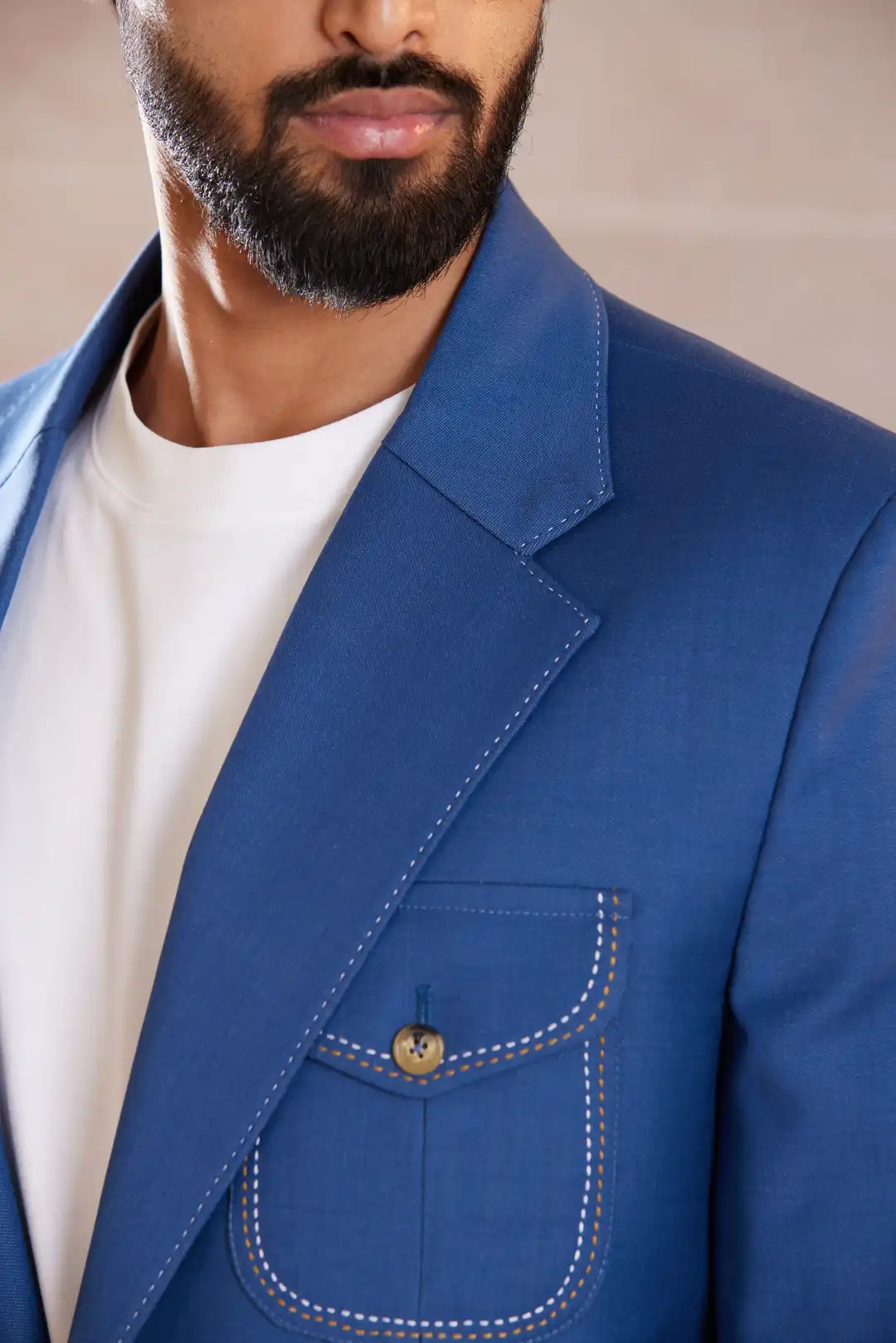 Cobalt blue Linen Tailored Blazer with Contrast Stitching - Image 7