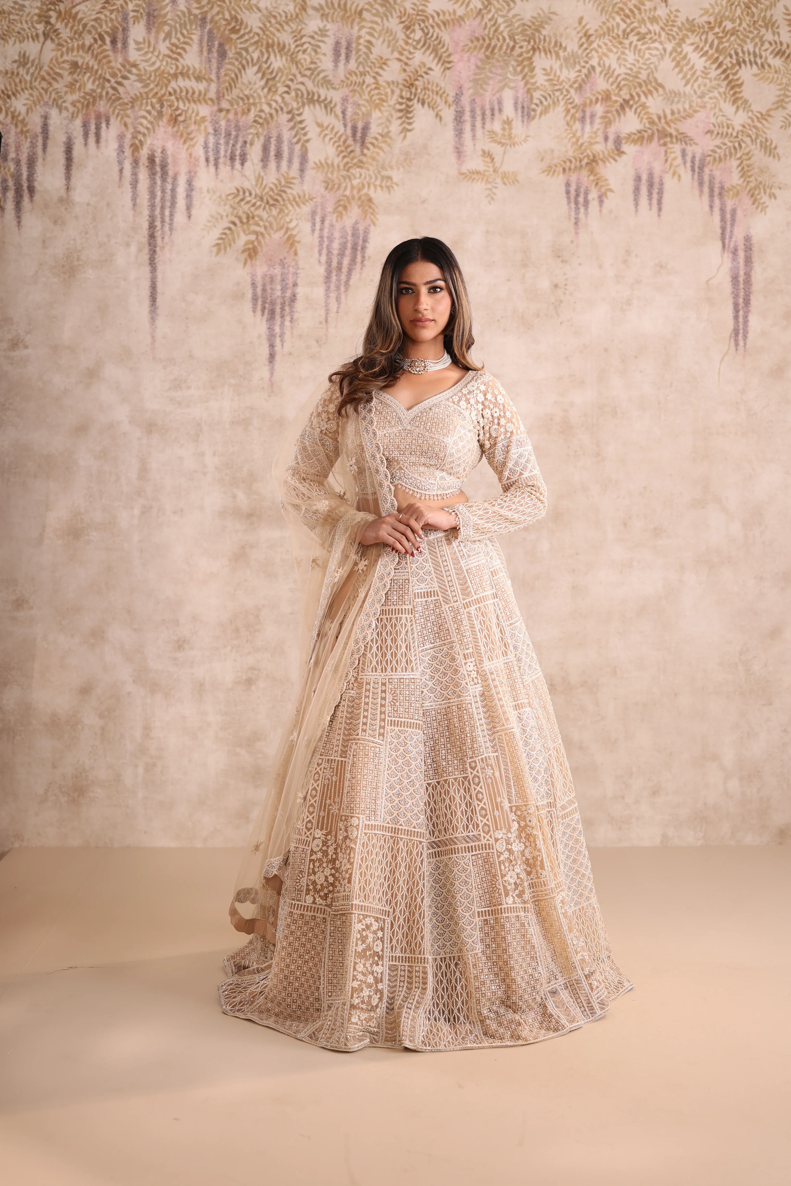 Cream Embroidered Party Wear Lehenga