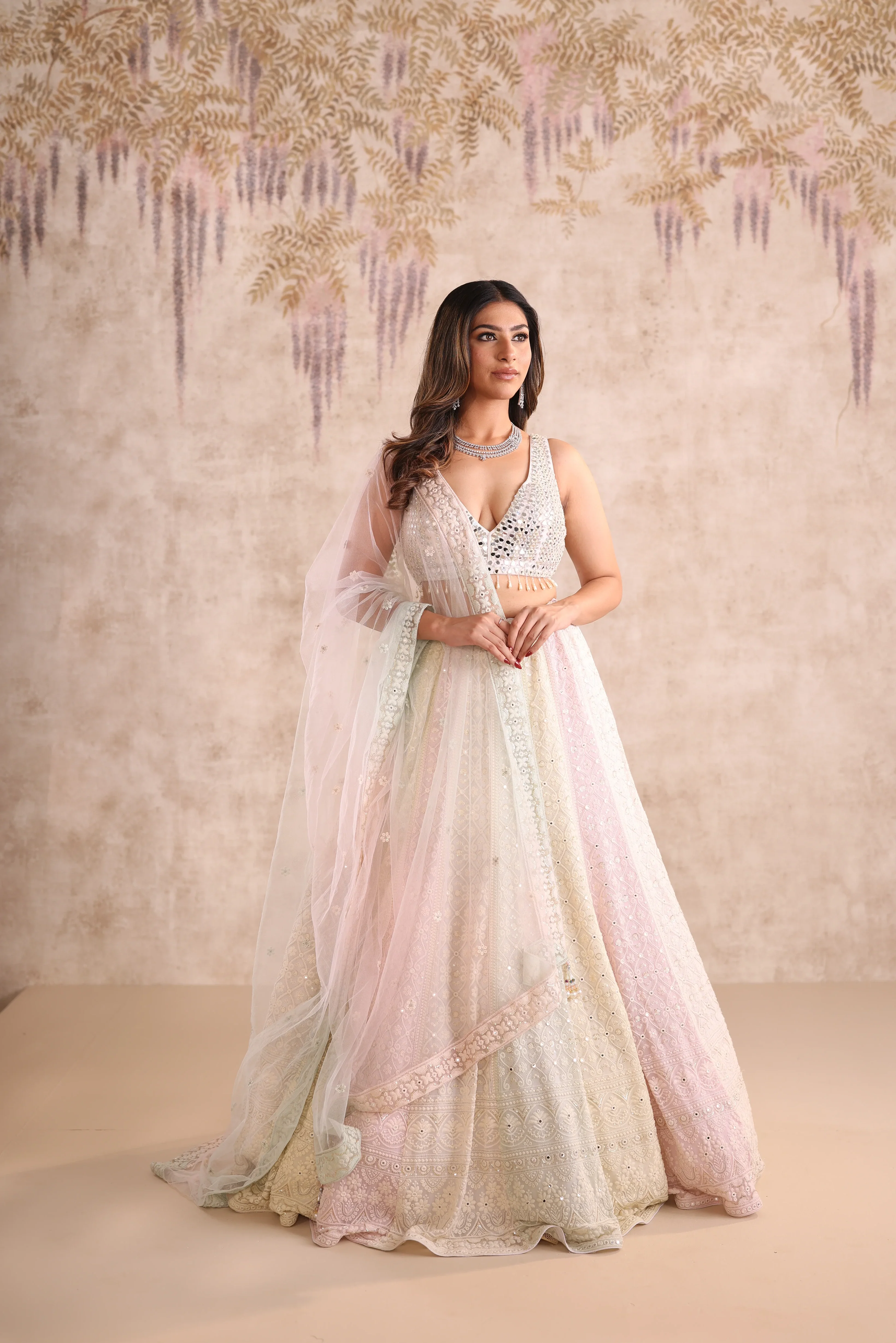 Cream Mirror Work Party Wear Lehenga - Image 4